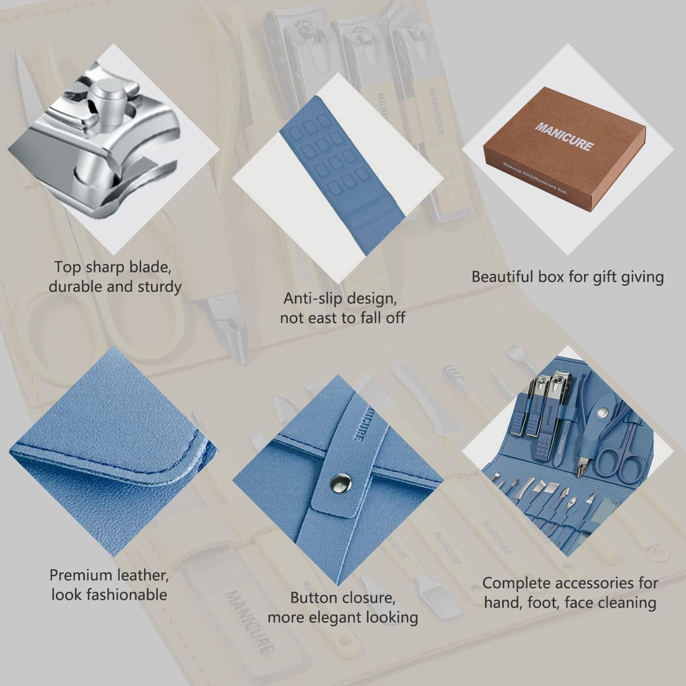 Detalle 1 de Leipple L2022 16-Piece Stainless Steel Manicure & Pedicure Kit with Leather Case