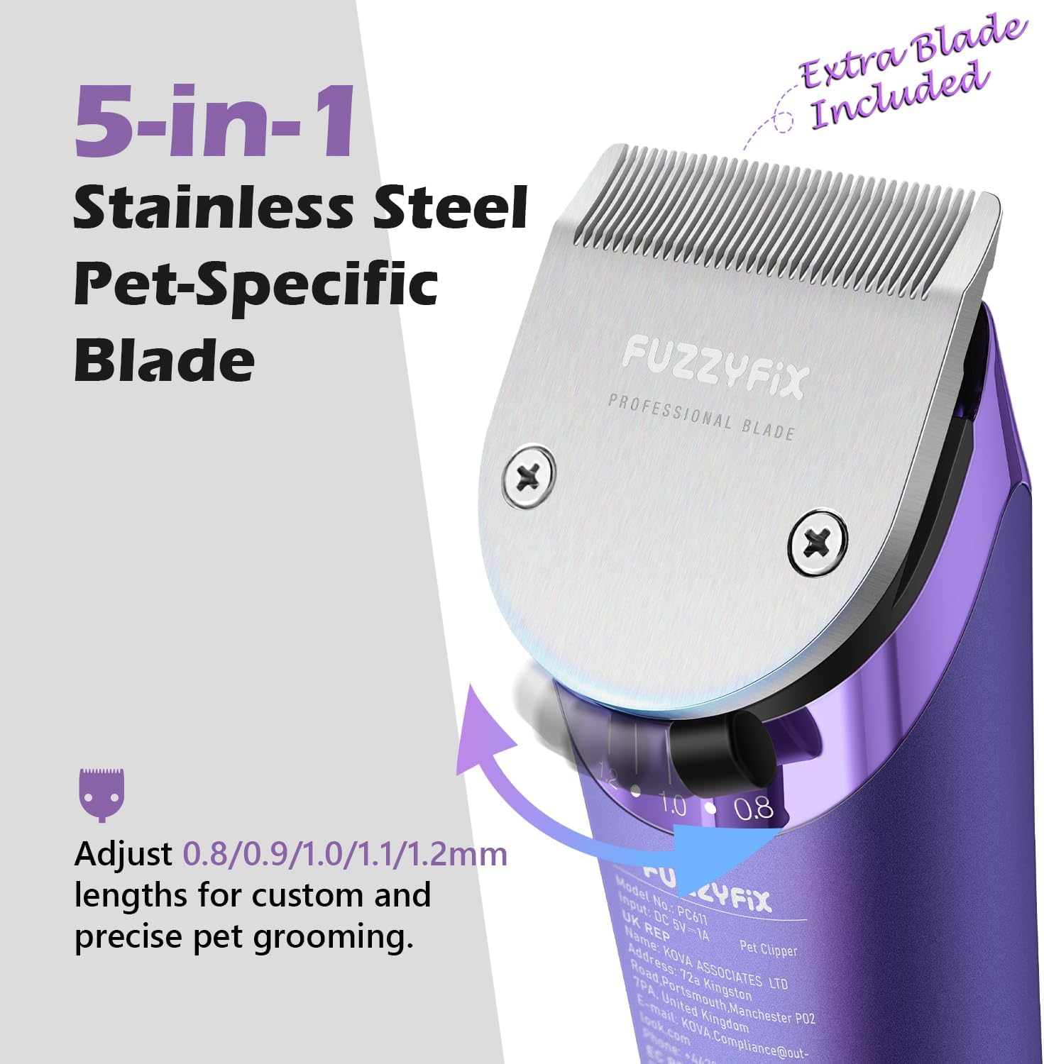 Detalle de FuzzyFix Tondeuse sans fil 5 en 1 pour chiens et chevaux – lames de rechange, USB-C, 2 vitesses
