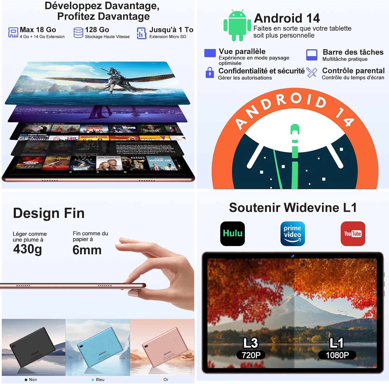 Thumbnail 2 de DMOAO Tablet 10 pollici Android con 18GB RAM + 128GB ROM (espandibile), 5G Wi‑Fi 6 e Widevine L1, custodia, oro rosa