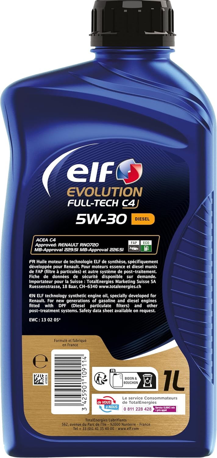 Thumbnail 1 de ELF EVOLUTION FULL-TECH C4 5W-30 – Huile moteur Diesel 1 litre (ACEA C4, homologuée RN0720, MB 226.51/229.51)