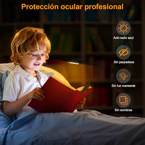Detalle de karidi Luz de lectura recargable 24 LED con pinza 360°, 5 tonos y USB-C, negra