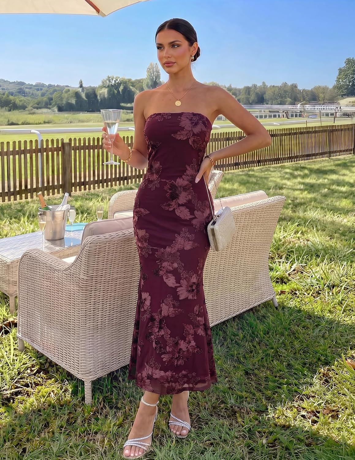 Detalle 2 de MEROKEETY Women’s Floral Strapless Maxi Dress (3D Print) — Backless Bodycon Wedding Guest & Formal Wear