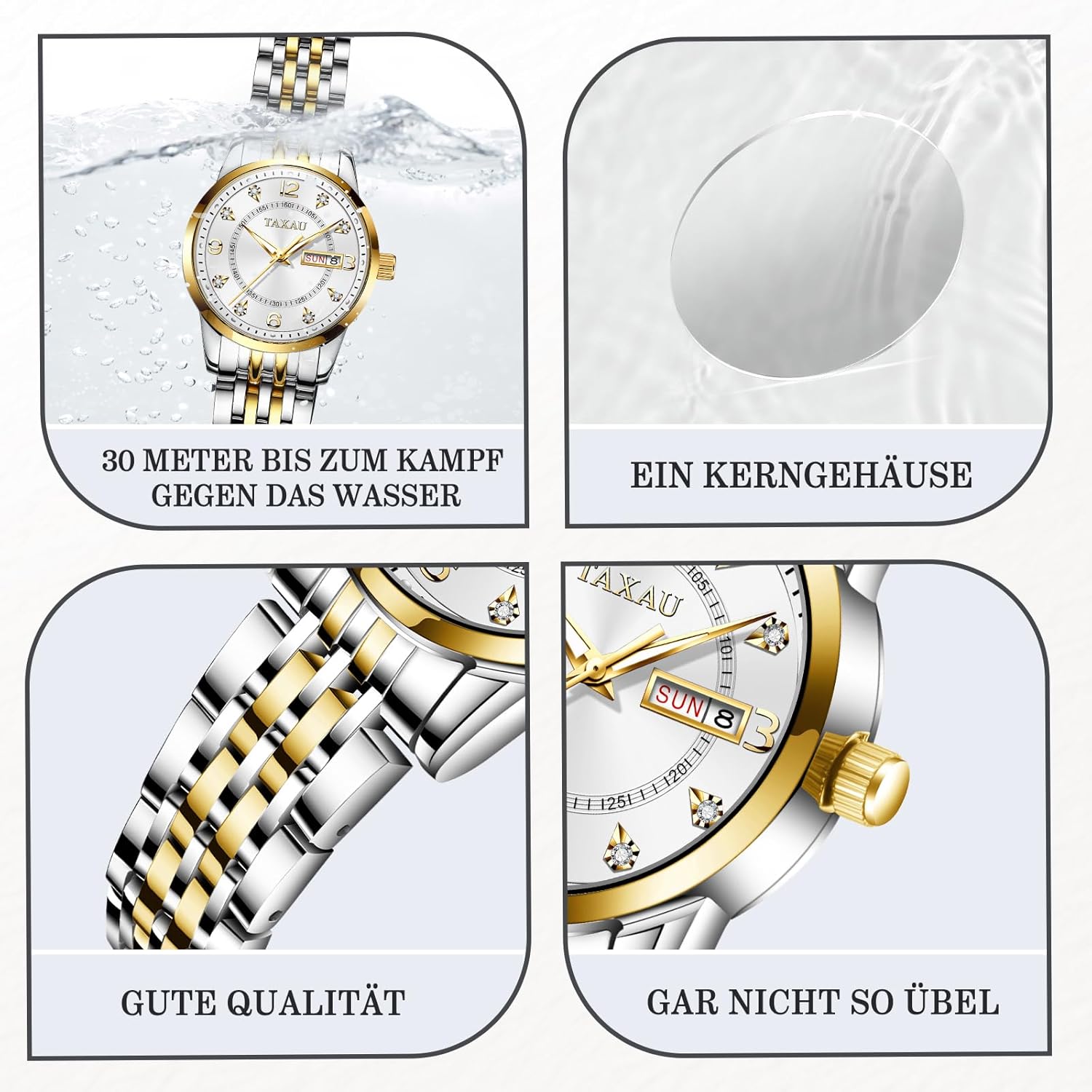 Thumbnail 4 de Taxau Damen-Armbanduhr mit Quarzwerk, Datum und 3ATM Wasserschutz im Edelstahlband (Gold/Silber)