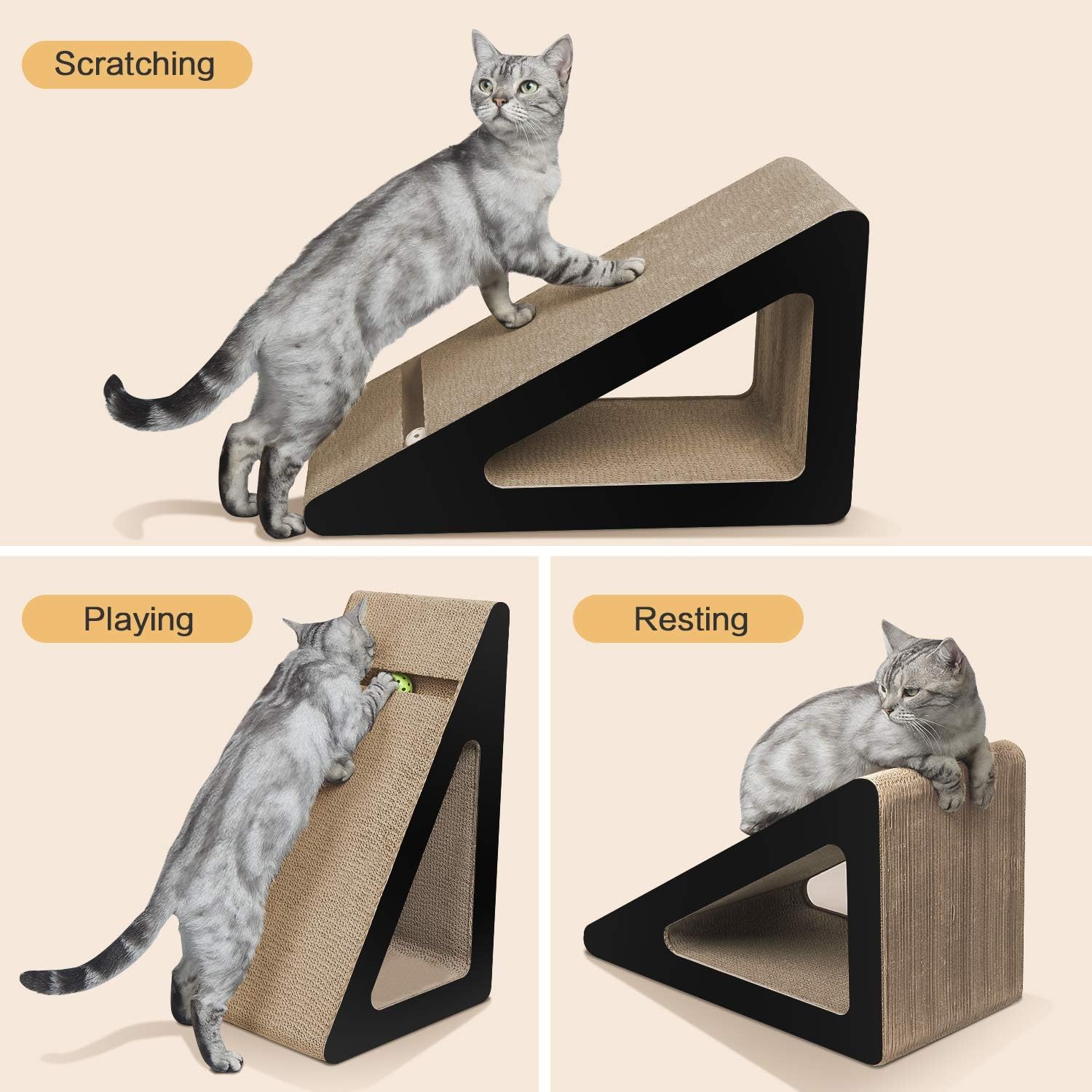 Detalle de Aibuddy Cat Scratcher: Inclined Cardboard Lounge with Ball Toy, Catnip & Play Tunnel