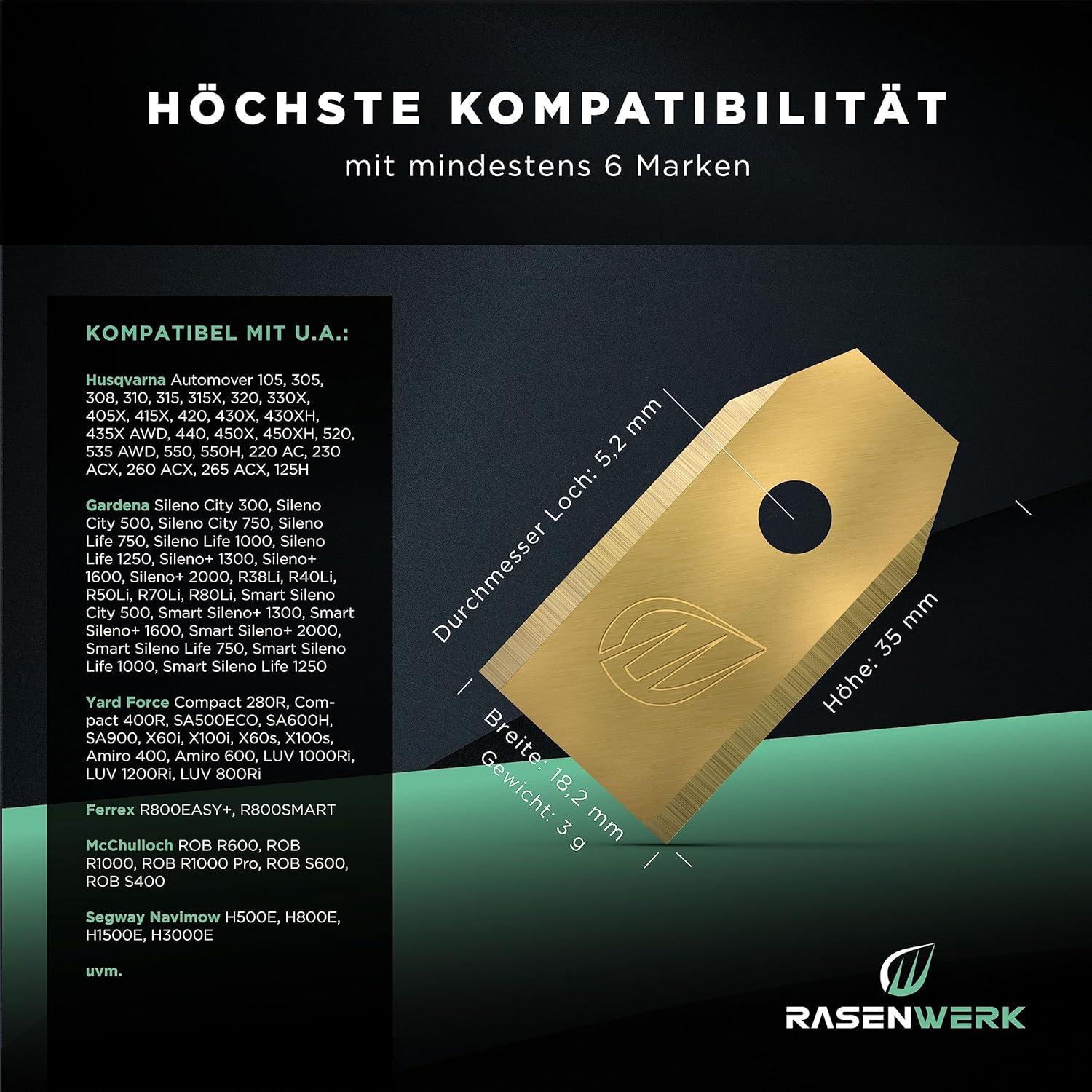Detalle de RASENWERK Hochwertige Ersatzmesser für Mähroboter – Universal-Klingen, kompatibel mit Husqvarna, Gardena und Yard Force (30 Stück)