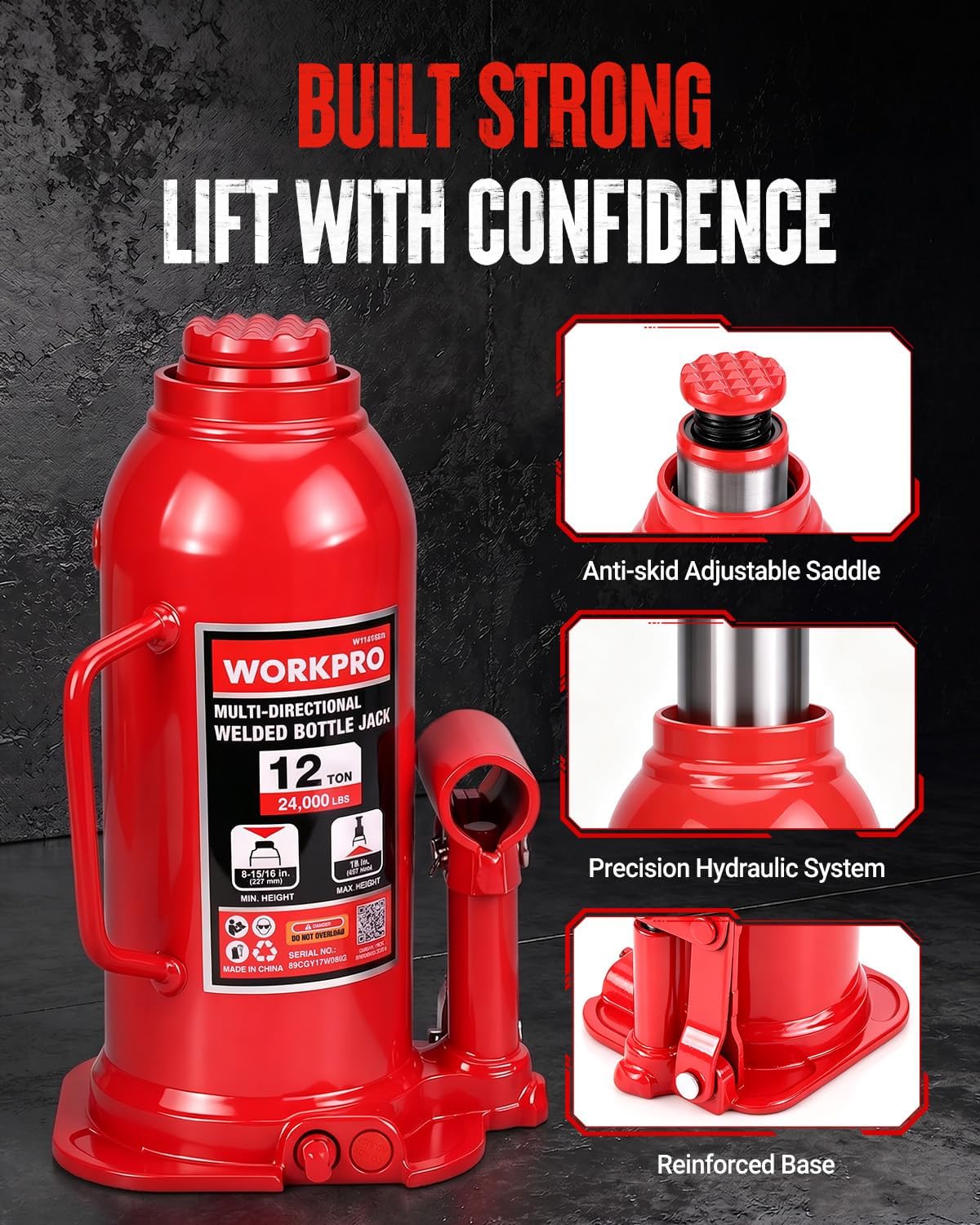 Detalle de WORKPRO W114189AE 12-Ton Multi-Directional Welded Steel Bottle Jack