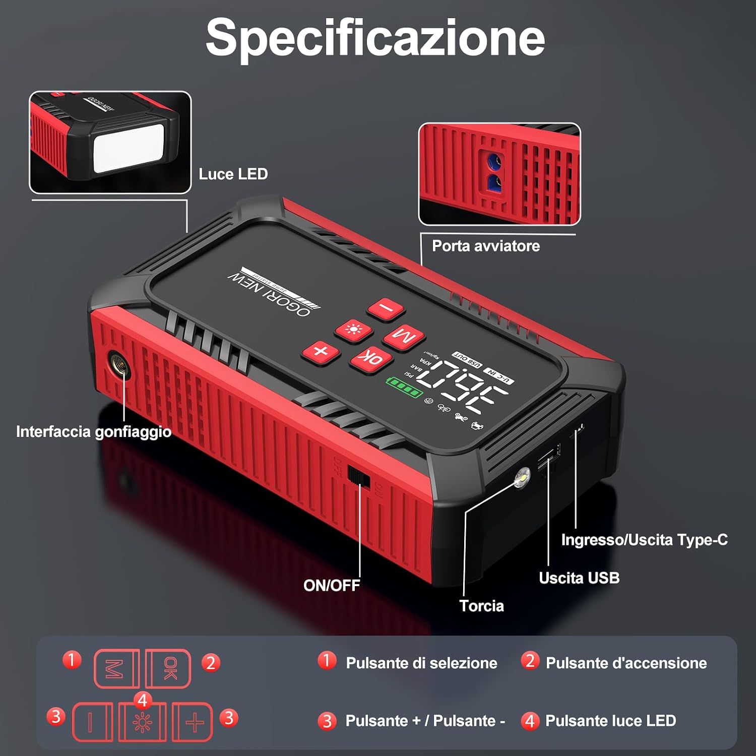 Thumbnail 6 de OGORI NEW Booster Avviamento Auto portatile 6000A con compressore aria, torcia LED e display LCD