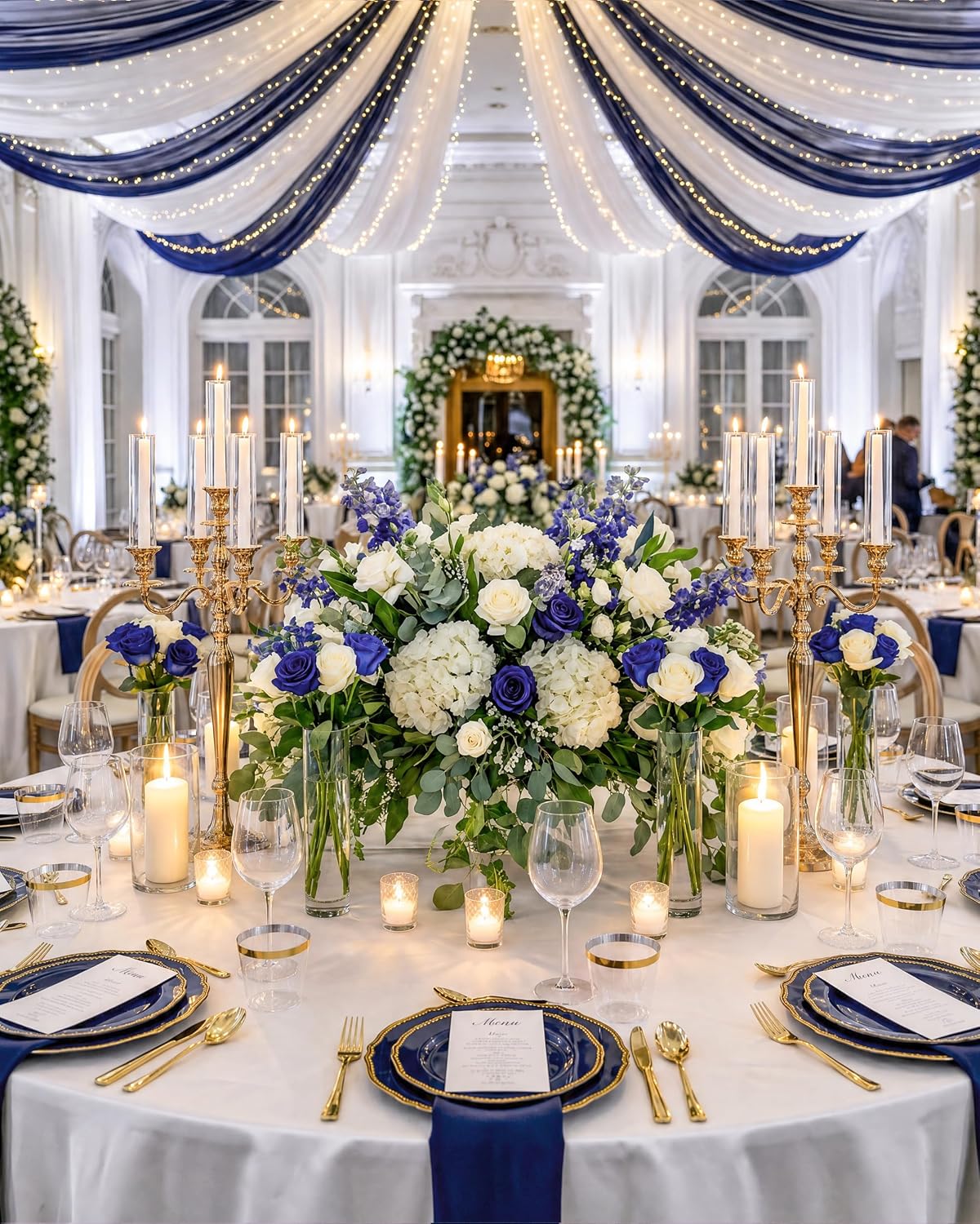 Detalle de Hioasis 350pcs Blue and Gold Plastic Plates Set for Weddings and Events