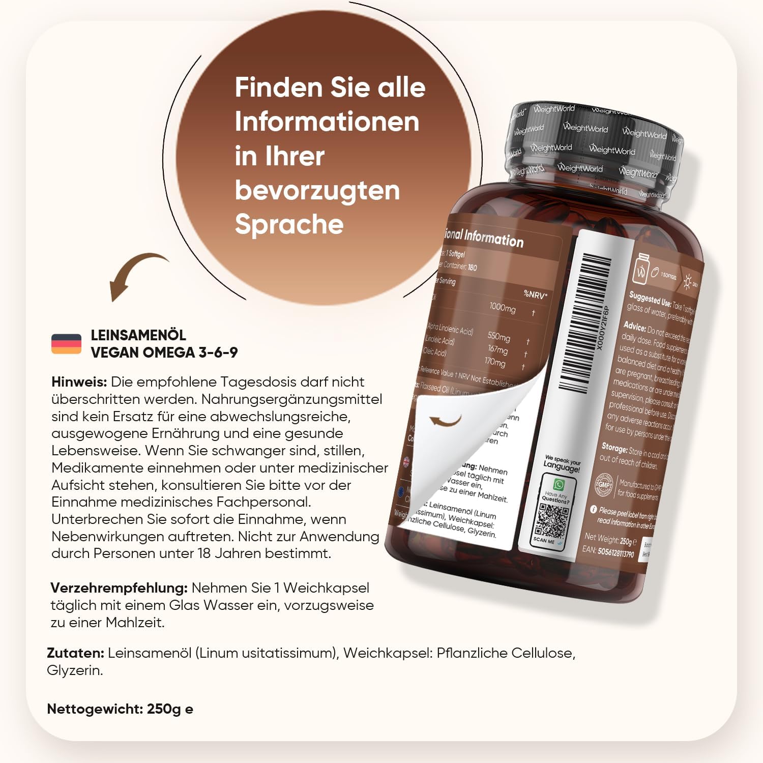 Detalle 2 de Omega 3-6-9 Vegan Weichkapseln aus Leinsamenöl – 180 Stück, 1000 mg pro Kapsel