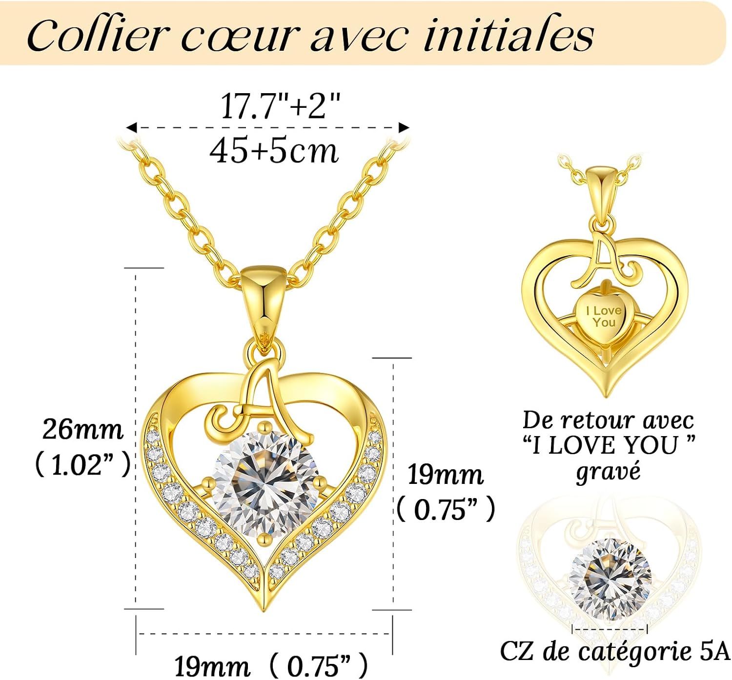 Detalle de LOUISA SECRET Collier femme à initiales A-Z avec pendentif cœur d’amour plaqué or 18K