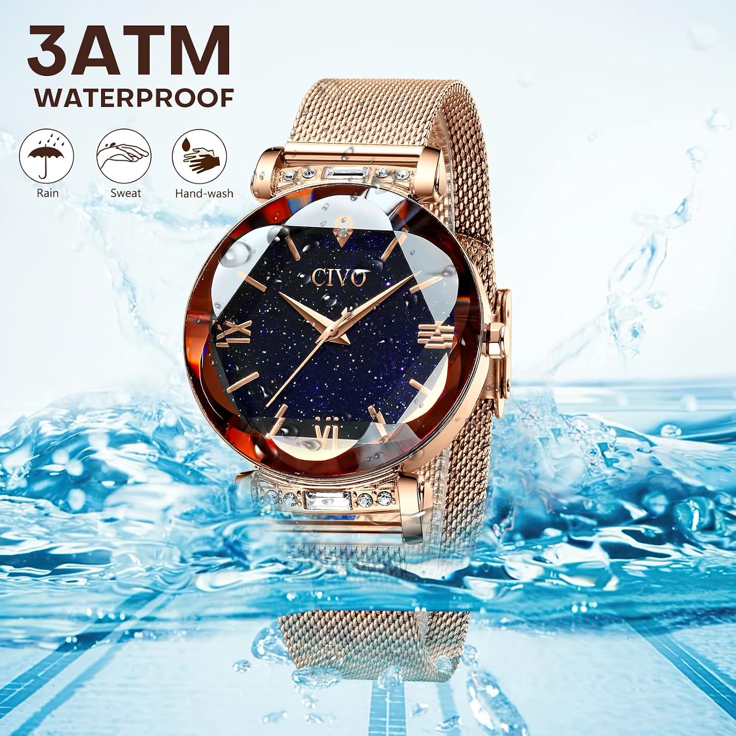 Detalle de CIVO Damen Uhr – Minimalistische Quarzuhr mit Wasserdichtheit und Roségold-Elementen