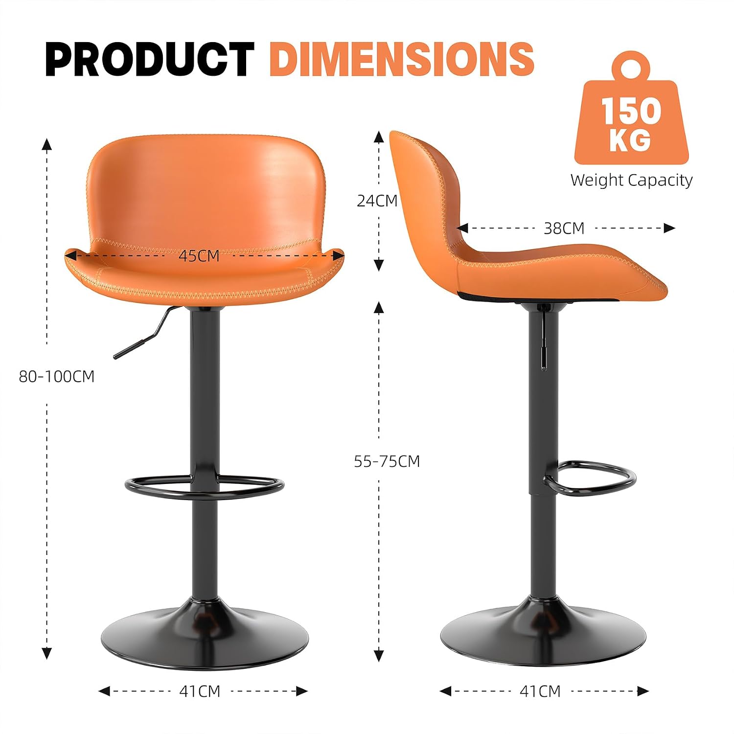 Detalle 2 de Youhauchair YC-8010OR-2PC-EU Bar Stools, Set of 2, Orange PU Leather