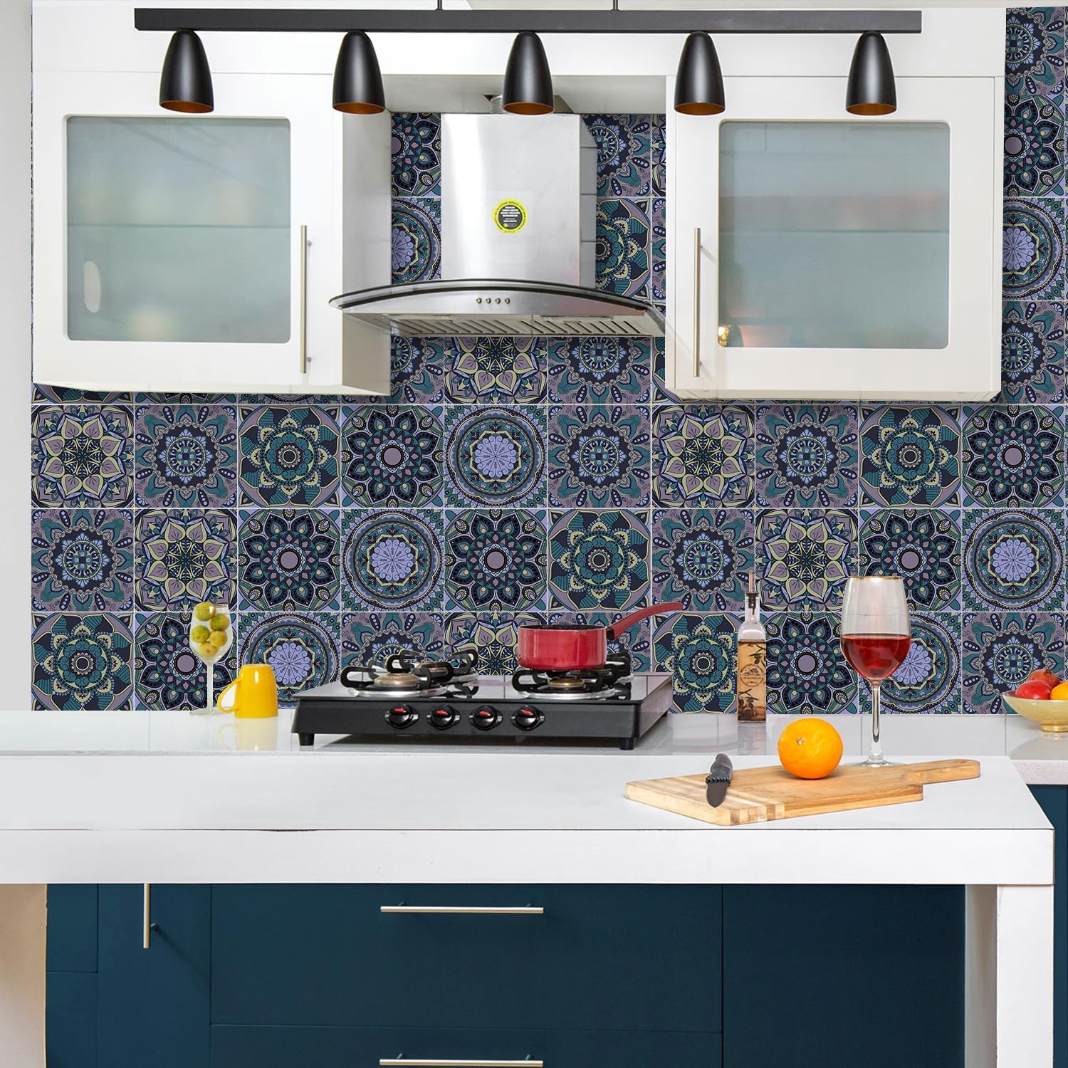 Detalle de ANHUIB 18 Pcs Moroccan Tile Stickers 15x15cm – Peel-and-Stick Kitchen & Bathroom Decals