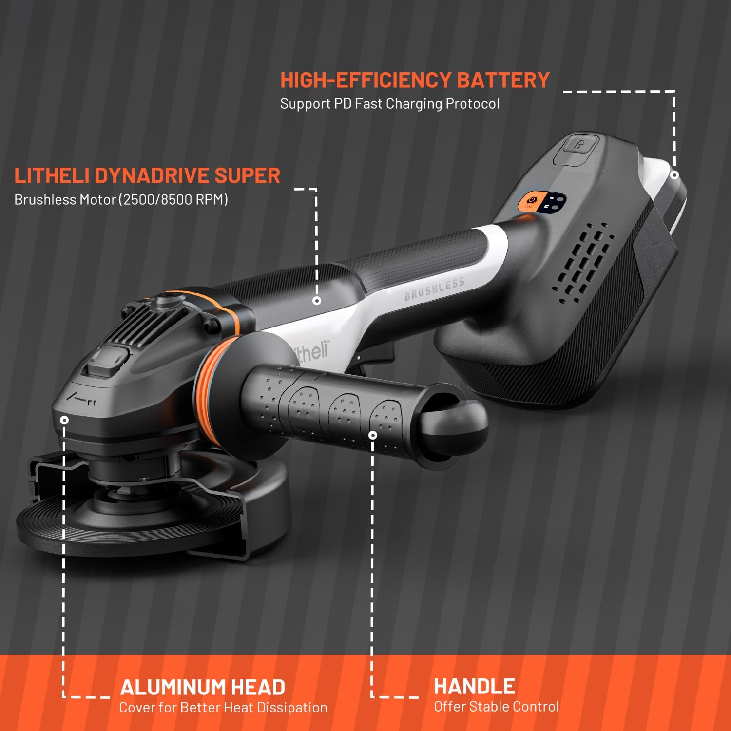 Detalle 1 de LiTHELi Angle Grinder, 20V Cordless Brushless Grinder with 4.0 Ah Battery