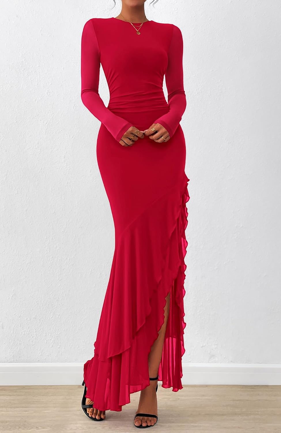 Thumbnail 4 de BTFBM Women's Maxi Dresses Spring 2026 Long Sleeve Ruched Bodycon Solid Ruffle Mermaid Cocktail Wedding Guest Dress