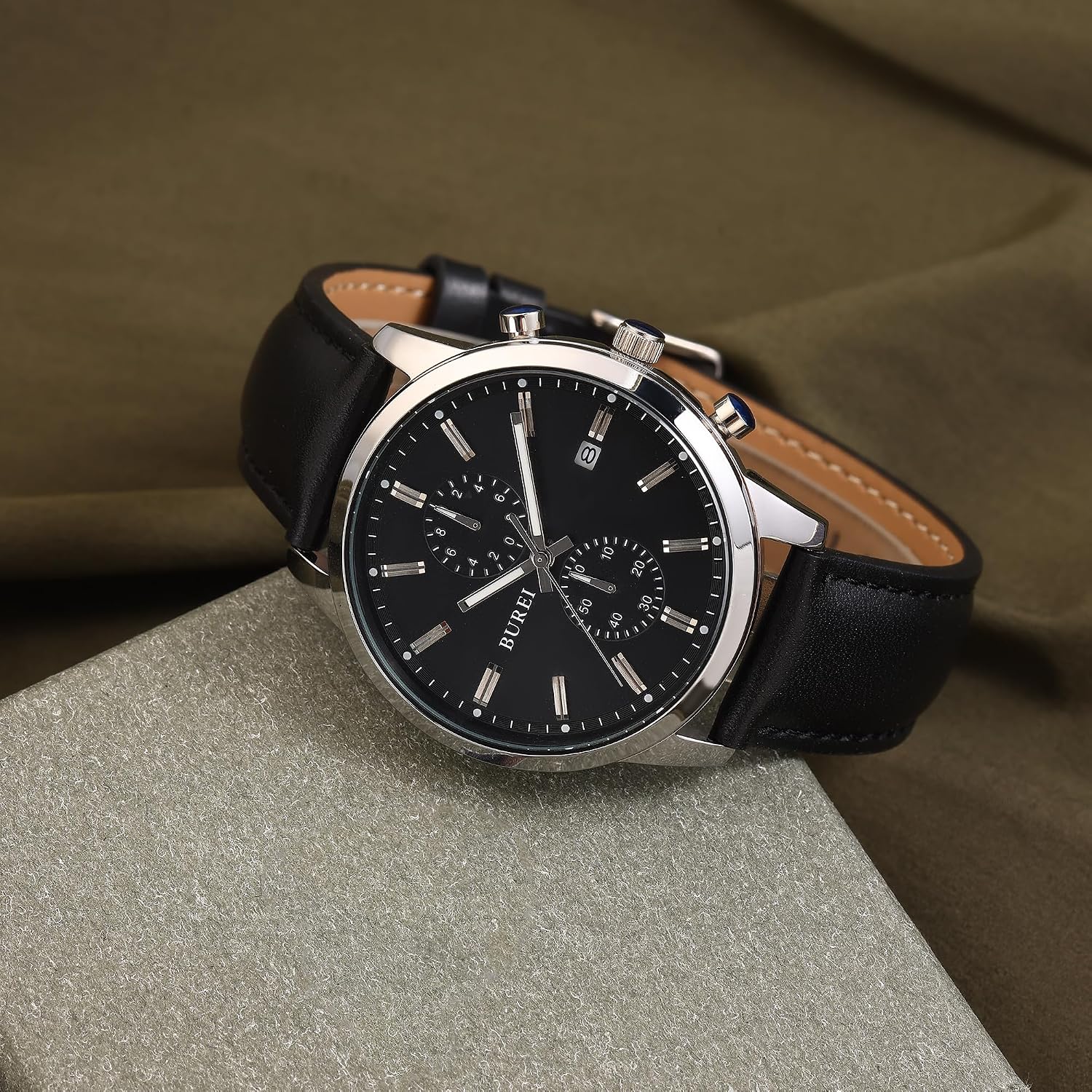 Thumbnail 2 de BUREI Herren Chronograph Uhr Blau Leder