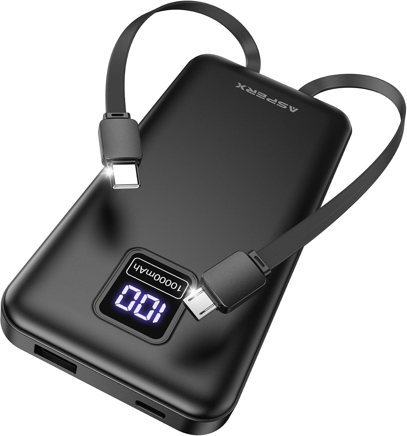 Detalle de AsperX Compact 10000mAh Power Bank with Built-in Cables: Portable, Safe and Ready for Daily Use