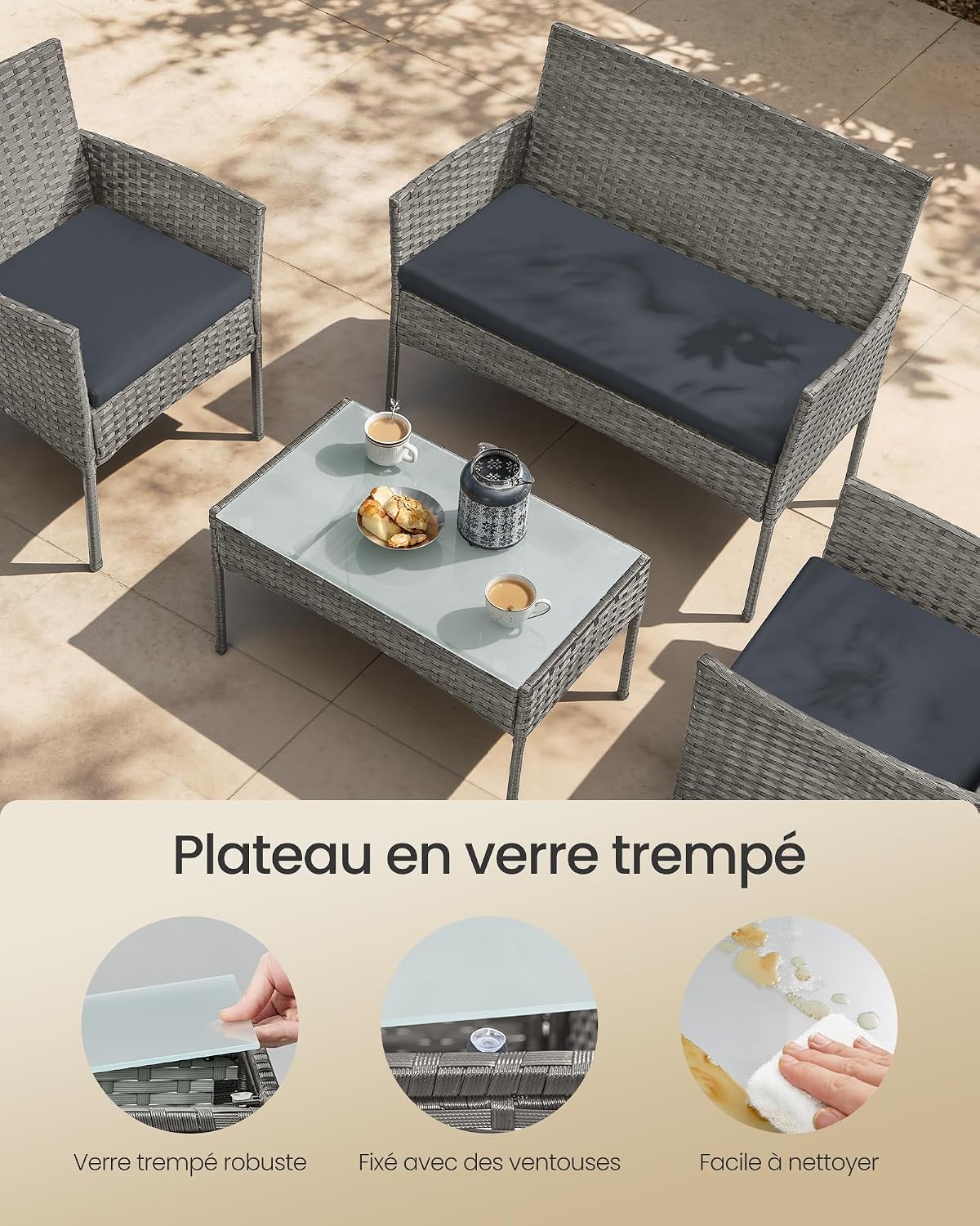 Detalle de SONGMICS Salon de jardin extérieur 4 places en résine tressée PE (GGF004TZ01) : 1 table, 2 fauteuils et banquette 2 places