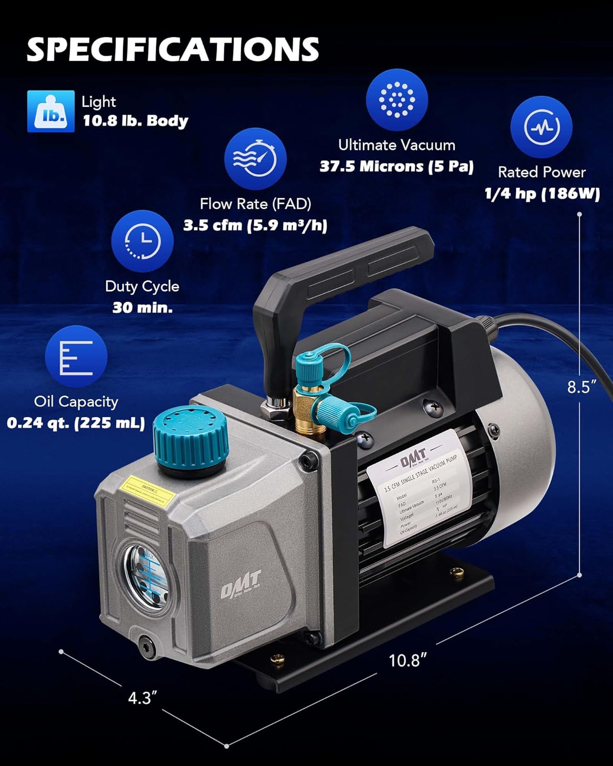 Detalle 2 de Orion Motor Tech AC Vacuum Pump and Gauge Set (1/4 hp, 3.5 cfm) for R134a, R12, R22 & R502
