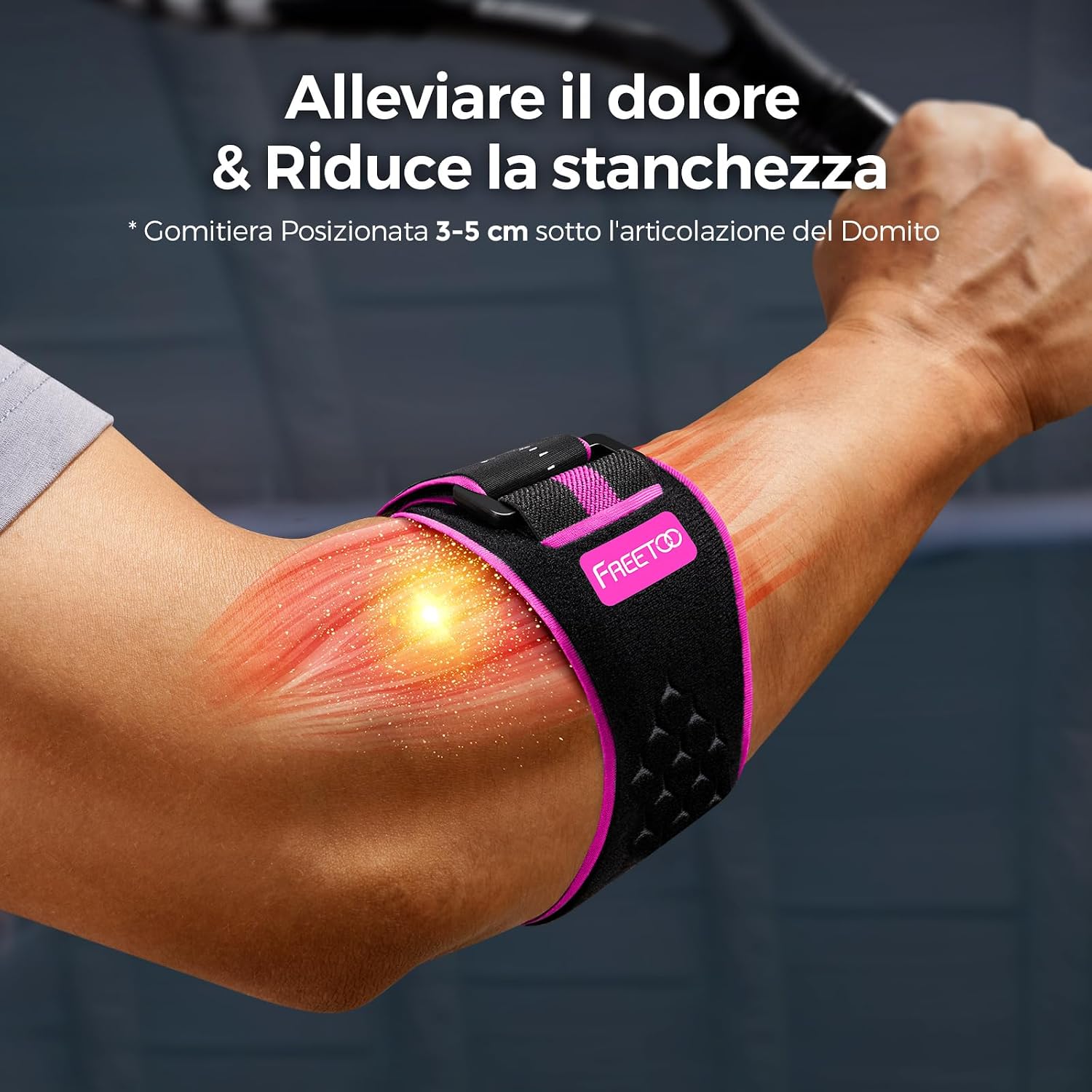 Detalle 2 de FREETOO Tutore Epicondilite Gomito per Tennista – Gomitiera regolabile con supporto rimovibile, comforting in rosa
