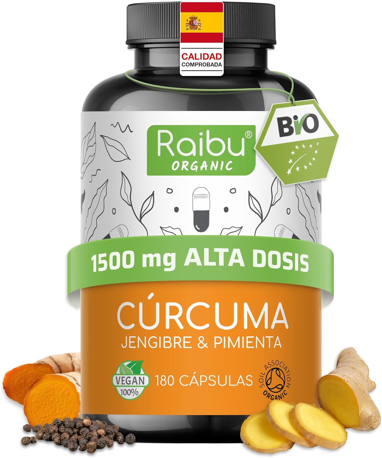 Detalle de Raibu Curcuma 1500mg con jengibre y pimienta