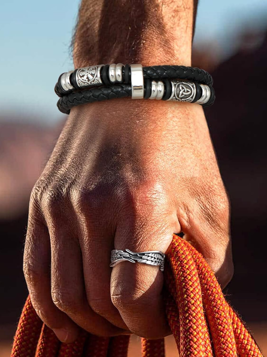 Thumbnail 6 de Bestyle Bracciale Uomo in Pelle con Bussola Vichinga e Chiusura Magnetica – Multistrato, Impermeabile (19/21/23 cm)