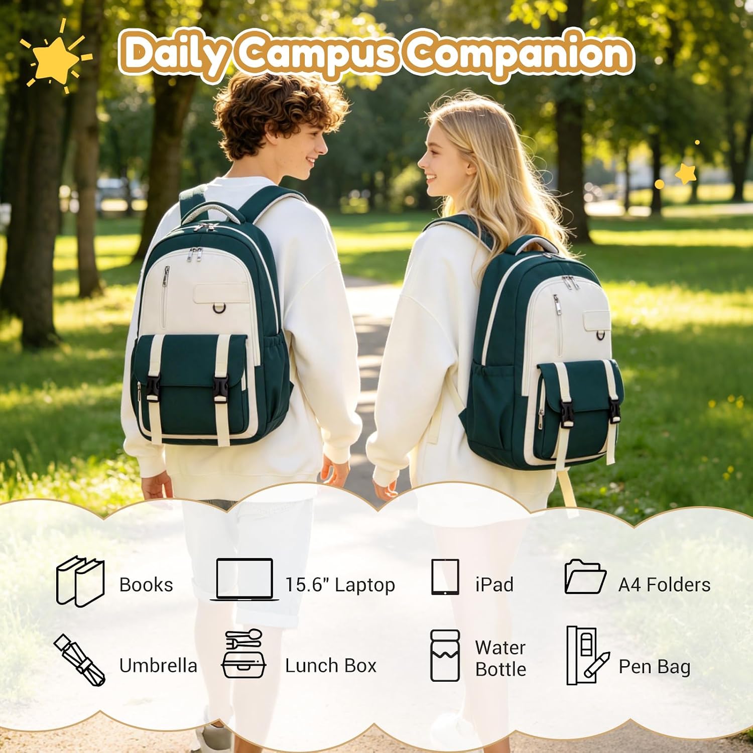 Thumbnail 3 de KONO Schulrucksack Teenager – Leichter Rucksack mit 15,6-Zoll Laptopfach, Grün/Beige