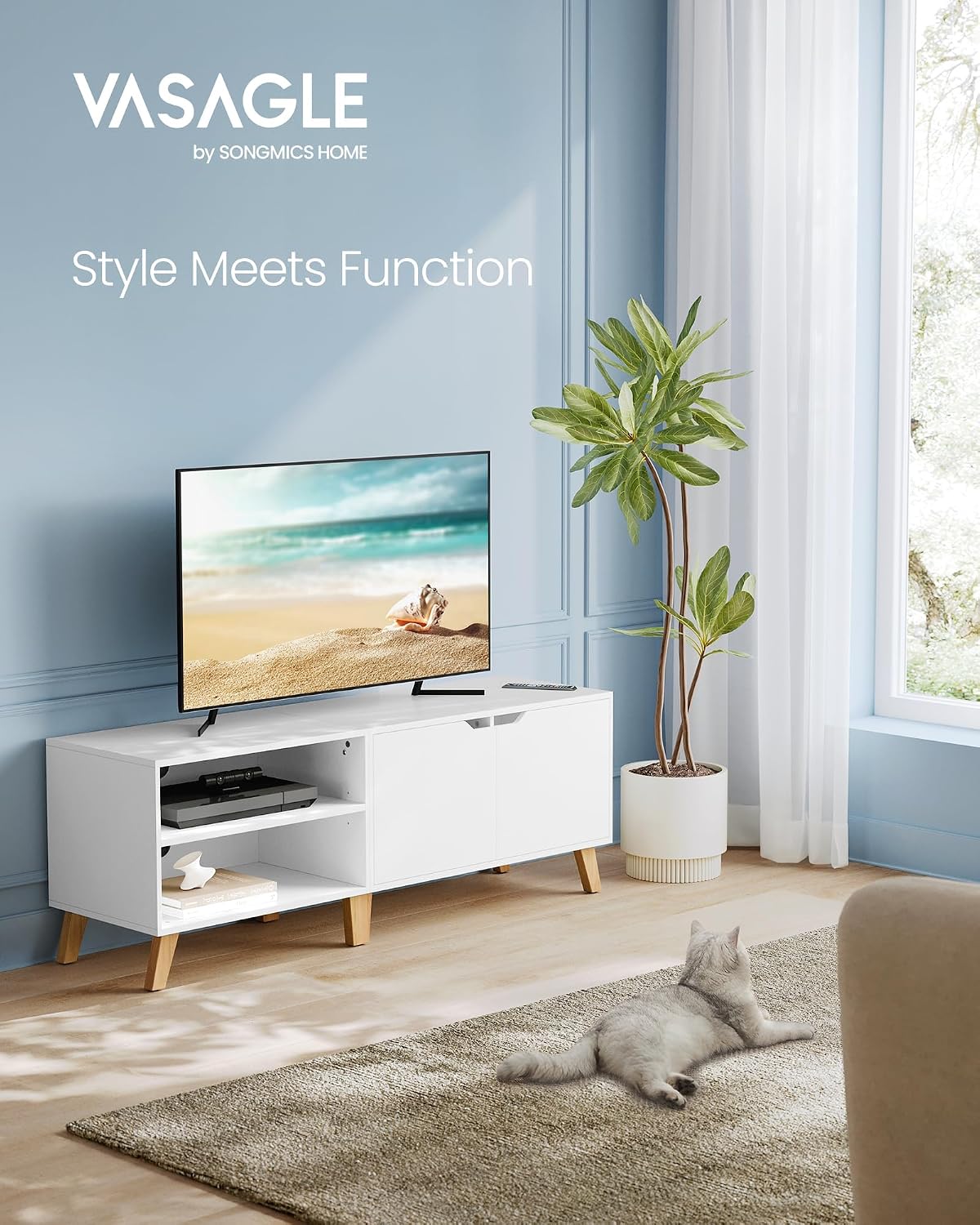 Thumbnail 2 de VASAGLE LTV027T46 TV Unit, 140 cm, White, with 2 Doors and Adjustable Shelves