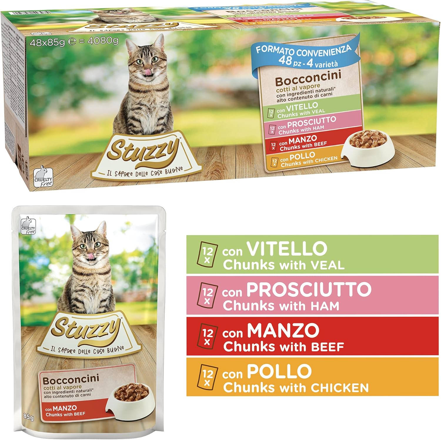 Detalle de Stuzzy Cibo Umido per Gatti Adulti in Vari Gusti – Bocconcini in Salsa, Totale 4,08 Kg (48 Buste da 85 g)