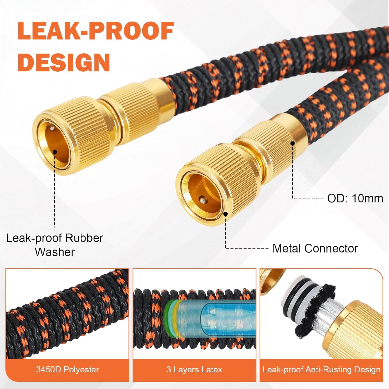 Detalle de Flexible Garden Hose with Latex-Expander (100FT/30M) – 3/4" and 1/2" Metal Fittings, 10-Function Sprayer