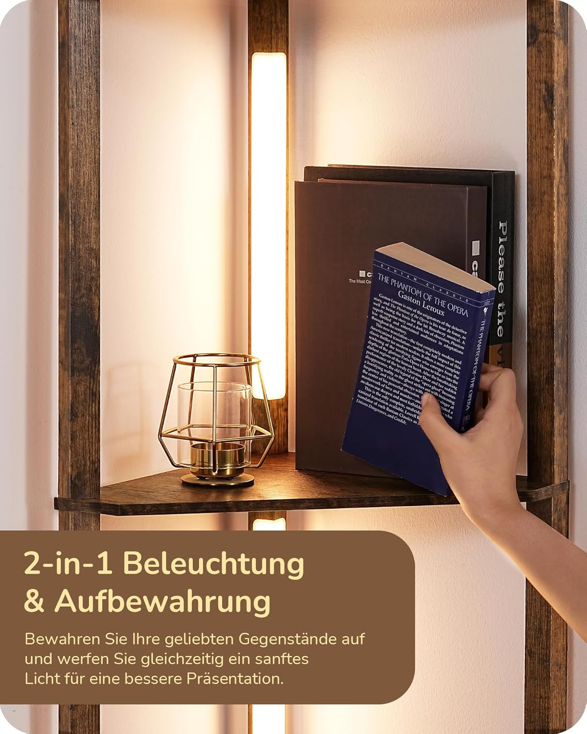 Thumbnail 3 de EDISHINE Stehlampe mit 4 Holz-Regal – LED-Dimmbar, 3-Farbtemperaturen, 360° Drehbarer Lichtmast, Fußschalter, Eckregal
