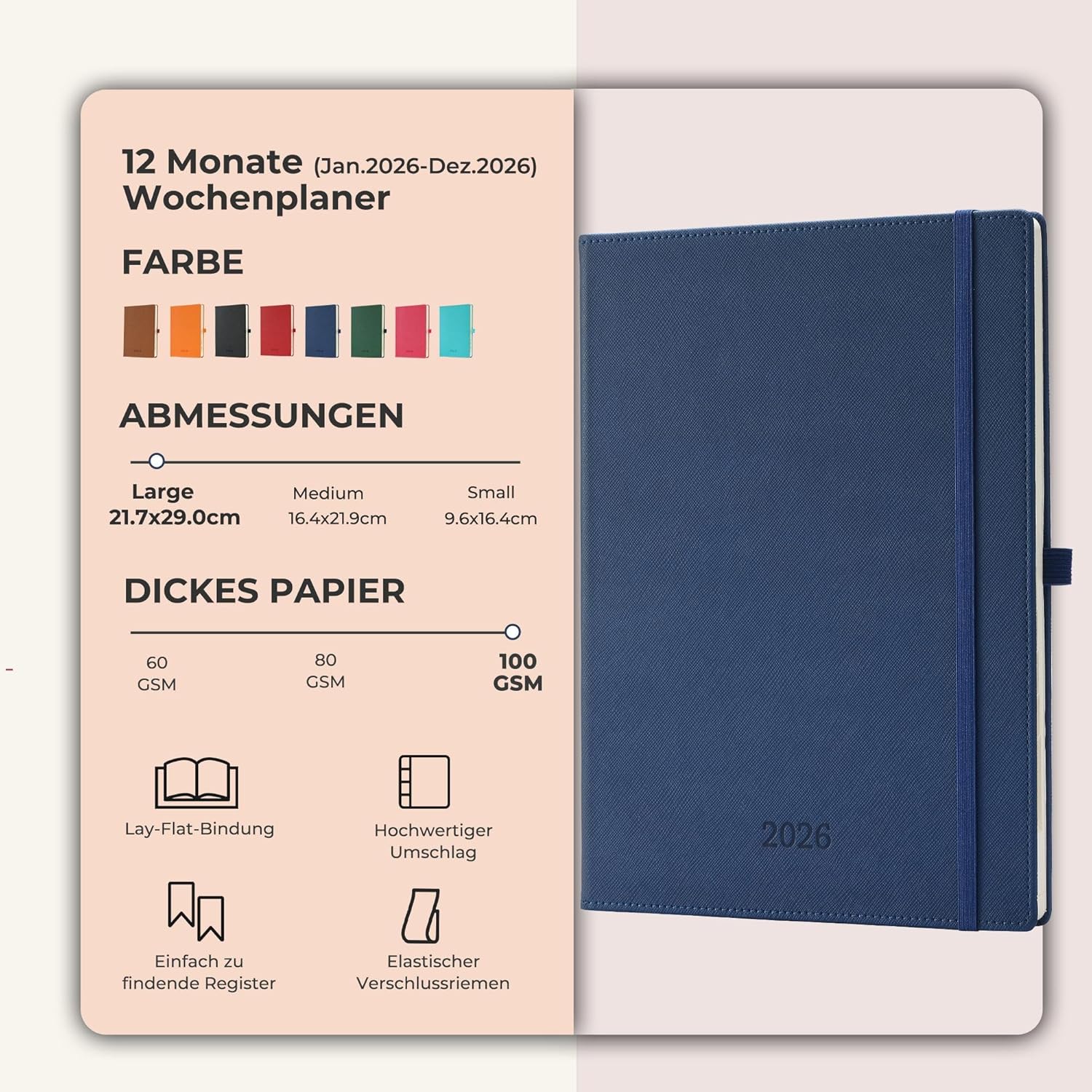 Thumbnail 1 de IN-LUXPRO Kalender 2026: A4 Buchkalender 29 × 21,7 cm – Wochenplaner mit 100GSM Papier, PU-Leder Marineblau