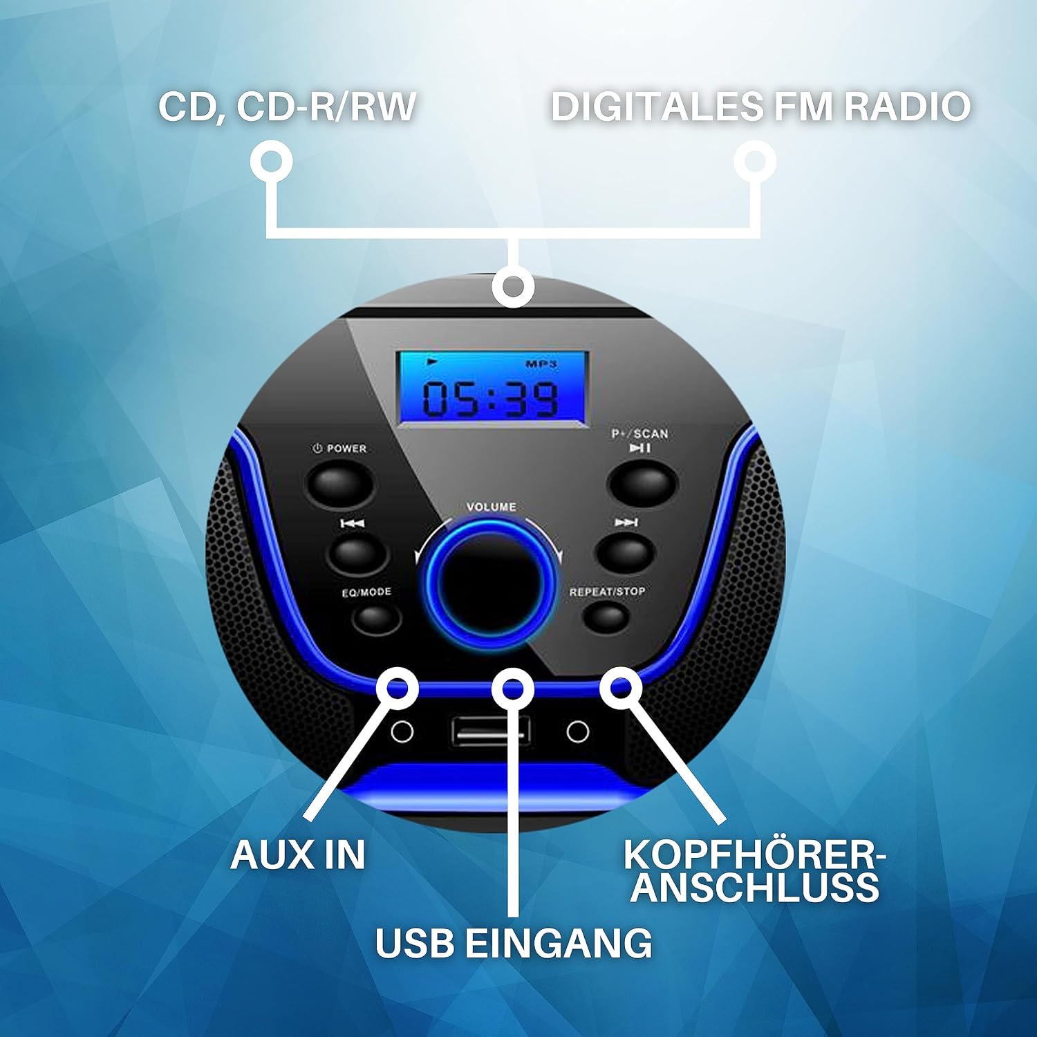 Detalle de ecosa 1 draagbare cd-speler met FM-radio, USB en AUX-ingang