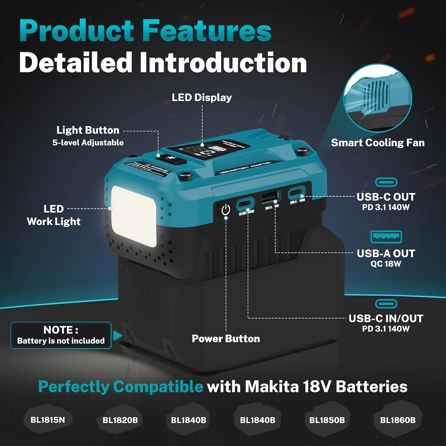 Detalle 2 de USB Battery Charger Adapter for Makita 18V Batteries