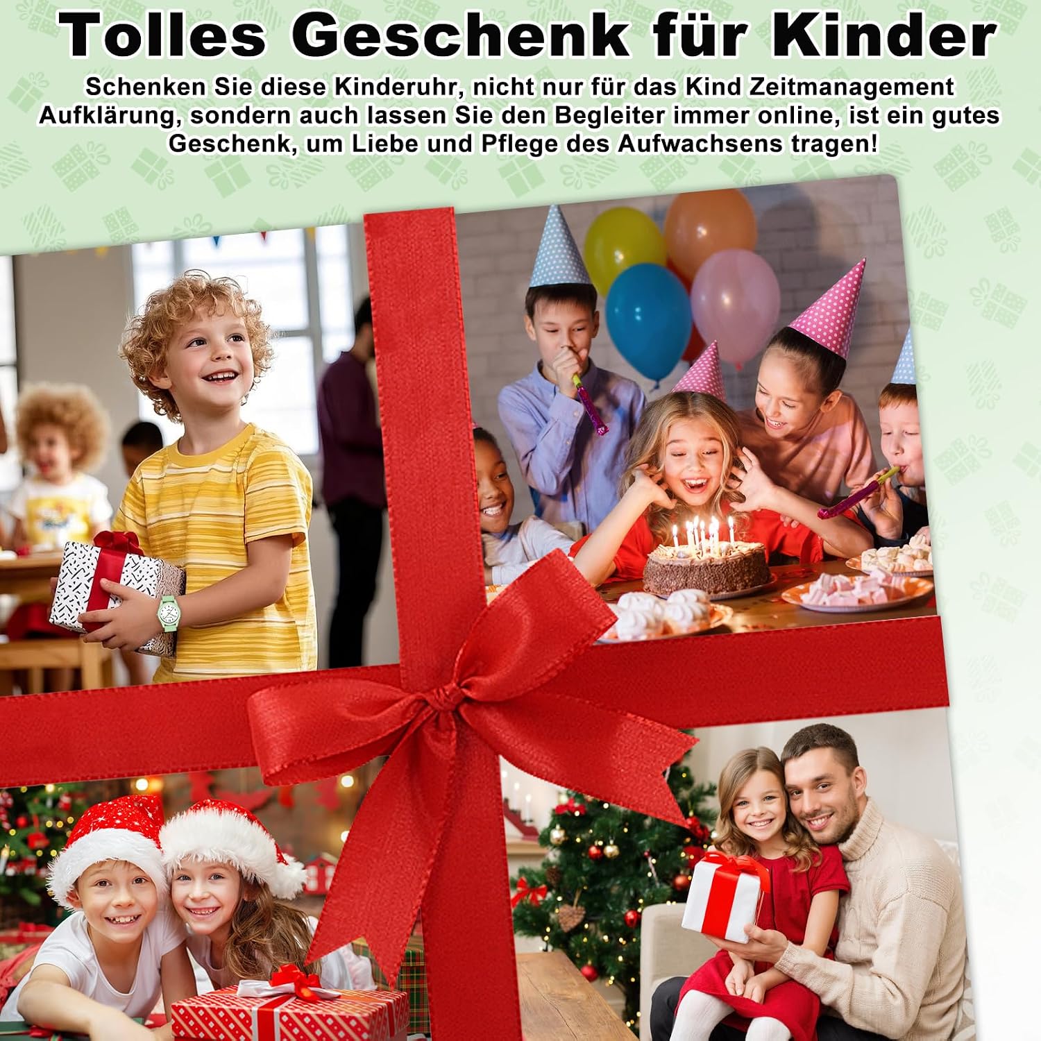 Detalle de SOCICO Kinder Uhr Analog Grün – Lernuhr für 4–12 Jahre, wasserdicht bis 50 m, weiches Band