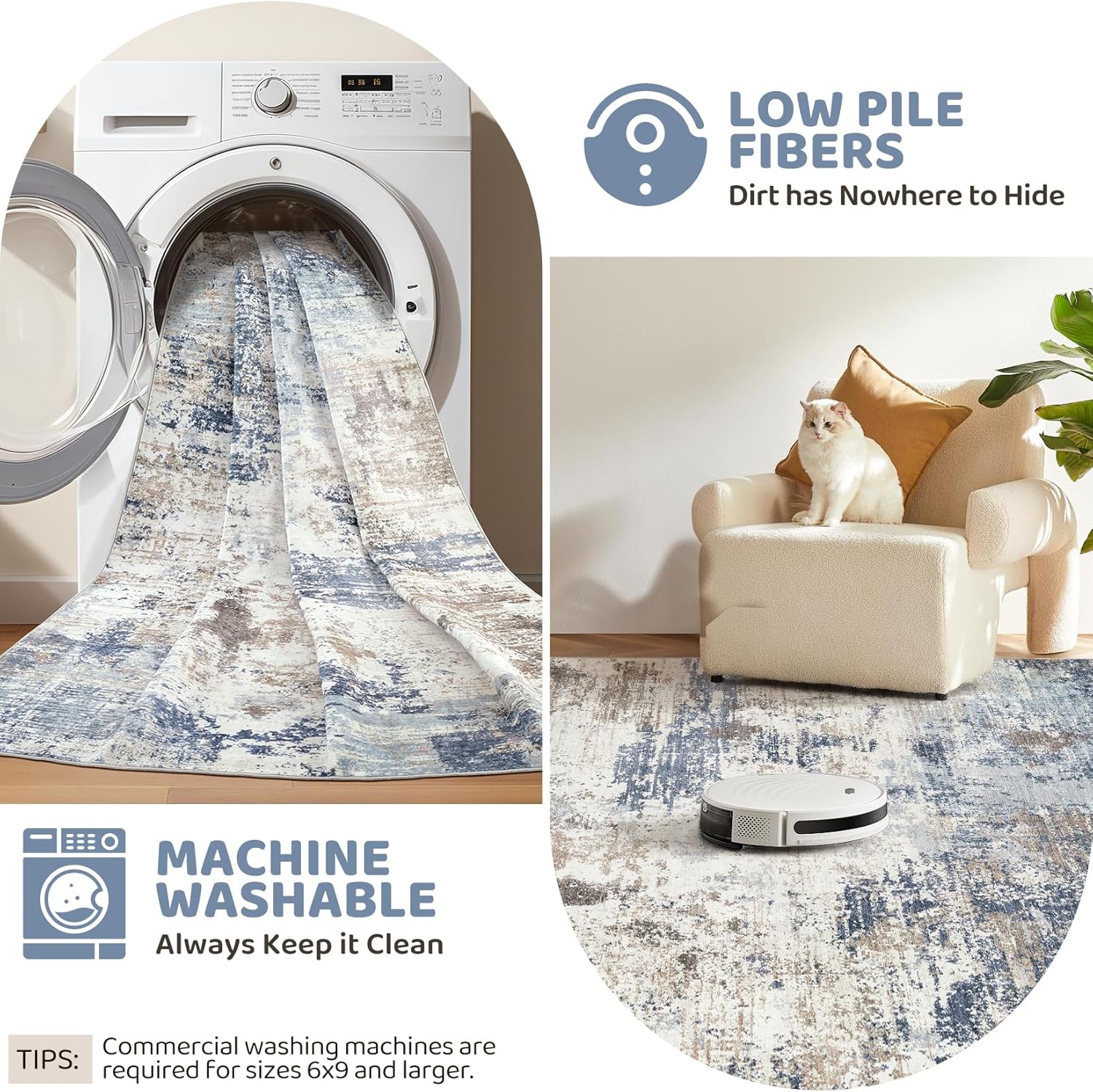 Thumbnail 6 de UERMEI 8x10 Neutral Abstract Washable Area Rug in Denim Blue