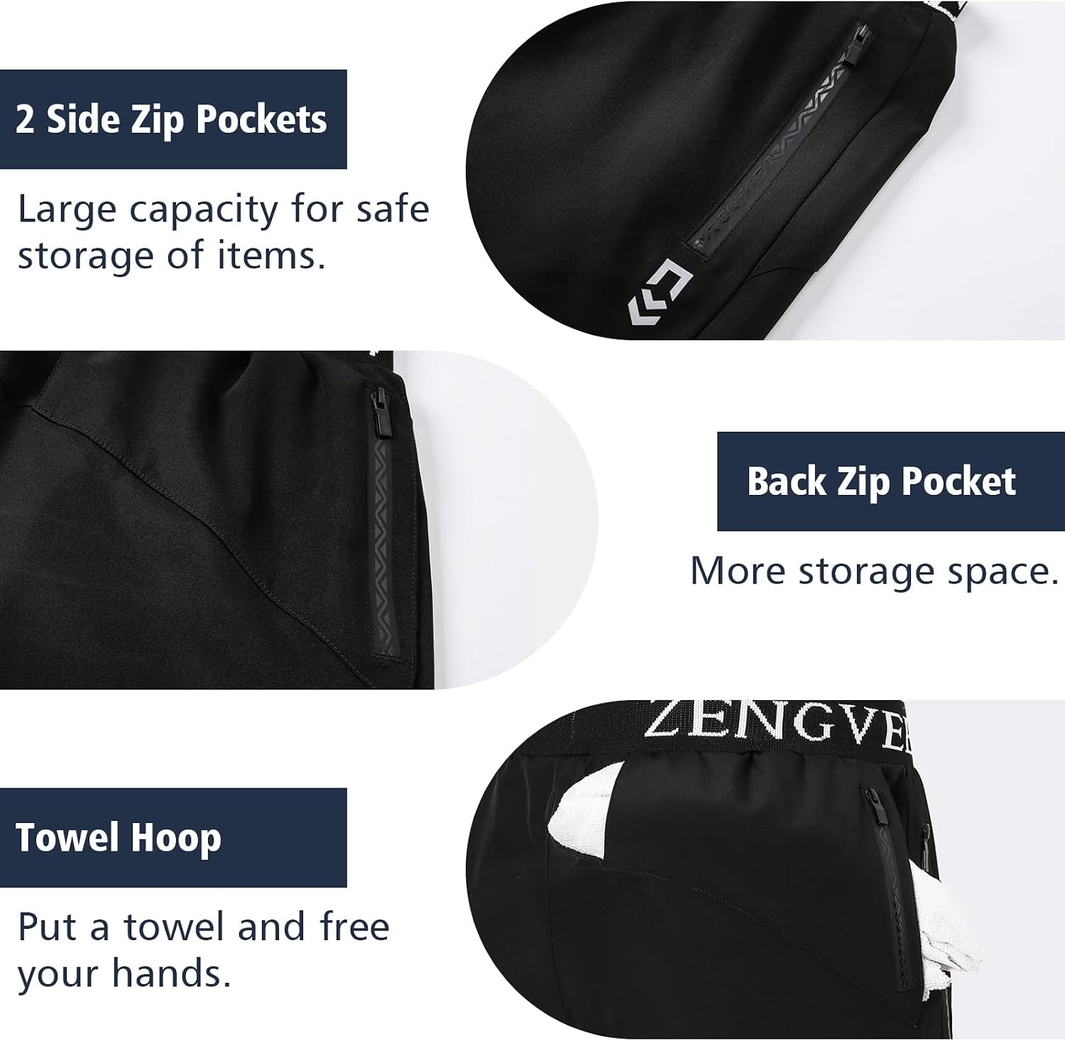 Detalle 2 de Men’s Gym Running Shorts Athletic 1/3 Pack with Zip Pockets & Quick-Dry Fabric