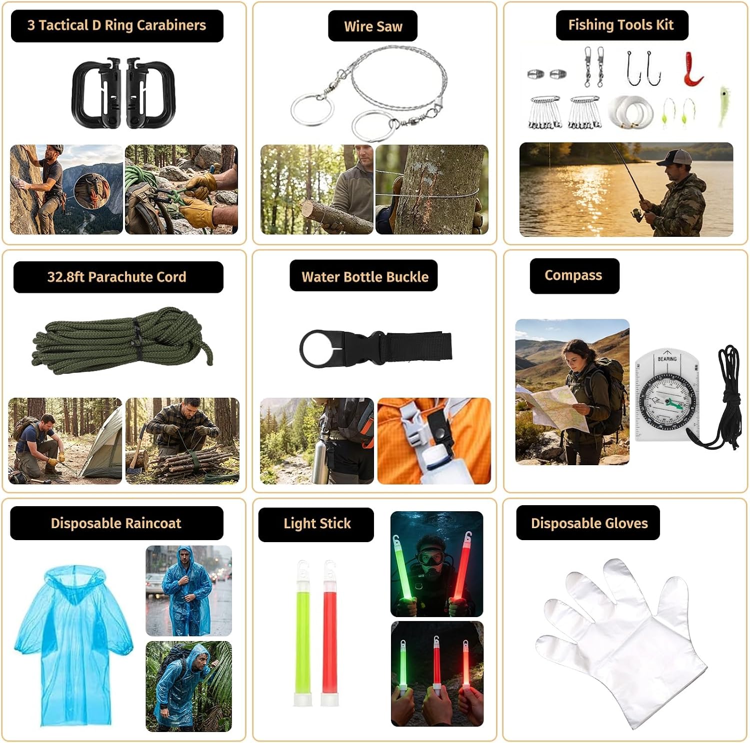 Detalle de ANJiME 294-Piece Survival Kit with First Aid Supplies, MOLLE Bag and Outdoor Tools