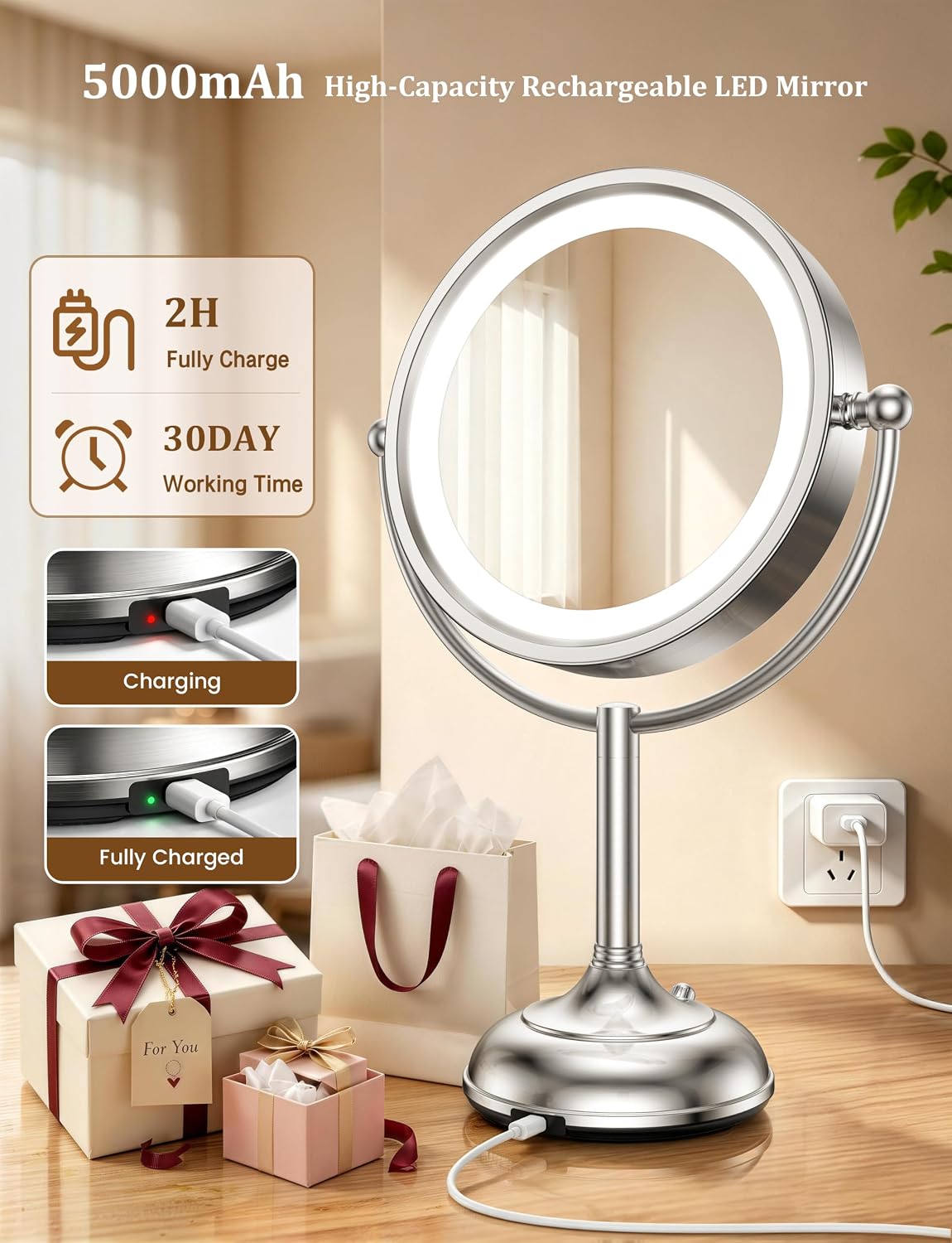 Thumbnail 4 de VESAUR 2026 Upgraded Lighted Makeup Mirror (9") with 1X/10X/20X Magnification, 3 Light Modes