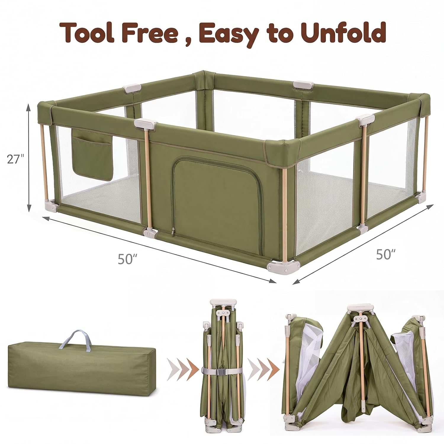 Detalle 2 de JevrJeur Foldable Baby Playpen with Mat, 50 x 50-Inch Green Mesh