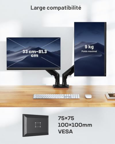 Detalle 2 de HUANUO Support Écran PC 2 écrans 13–32 pouces – Bras pour écrans plats, VESA 75×75/100×100mm, noir