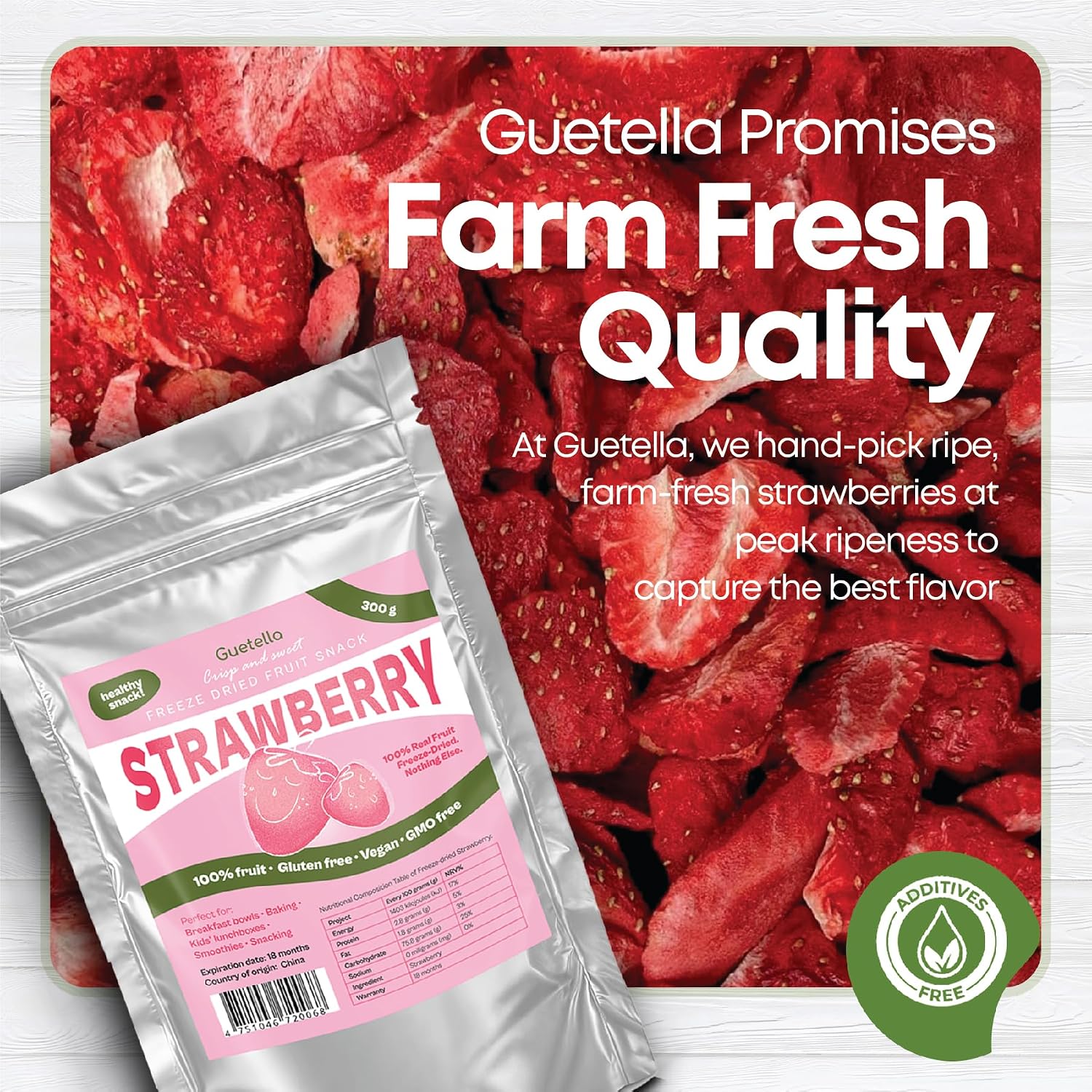 Detalle de Gefriergetrocknete Erdbeeren – Erdbeerchips, 450 g, vegan, frei von Zusatzstoffen