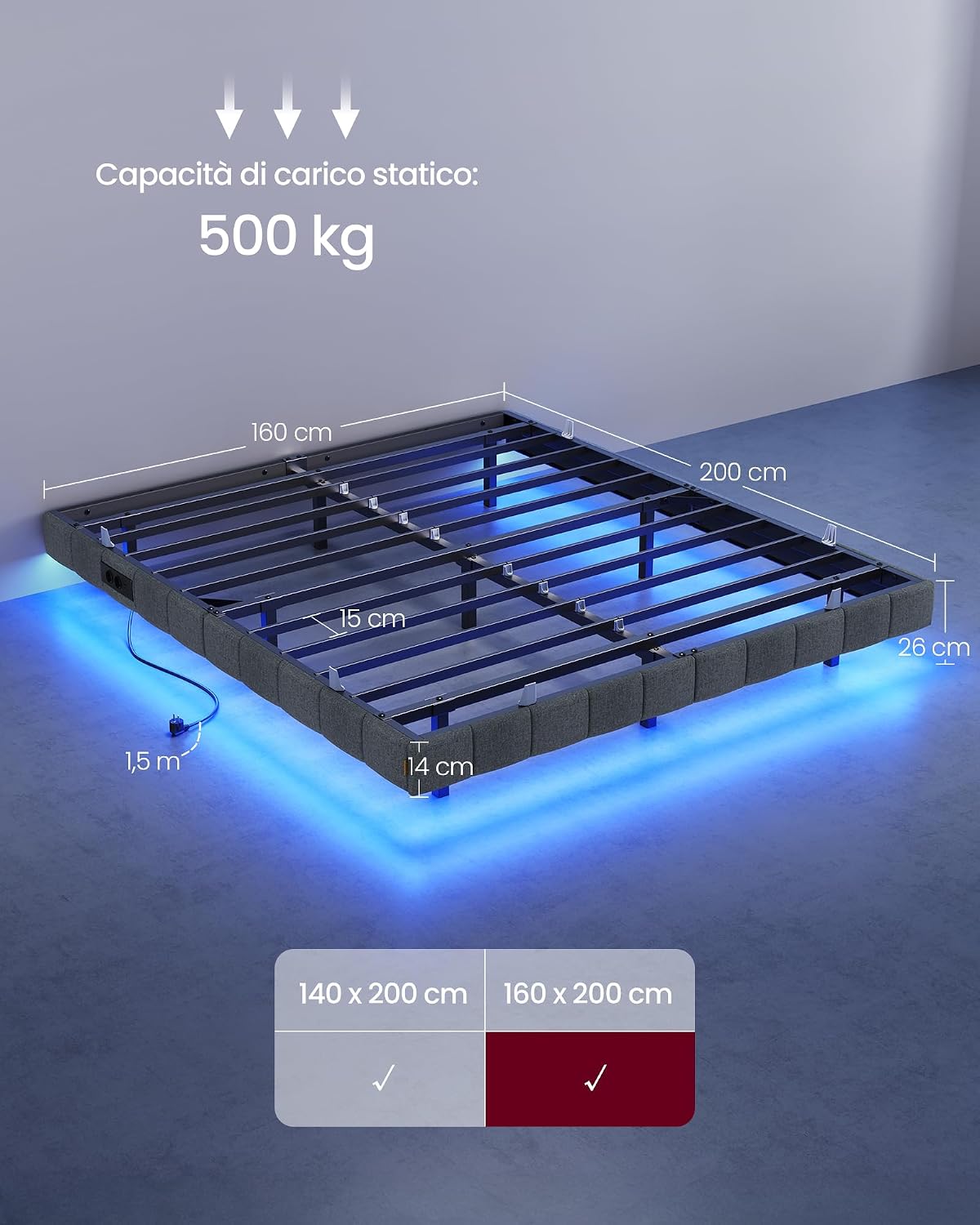 Thumbnail 1 de VASAGLE Struttura Letto Effetto Fluttuante 160x200 cm con LED, prese e USB – Grigio Ardesia RMB165G101