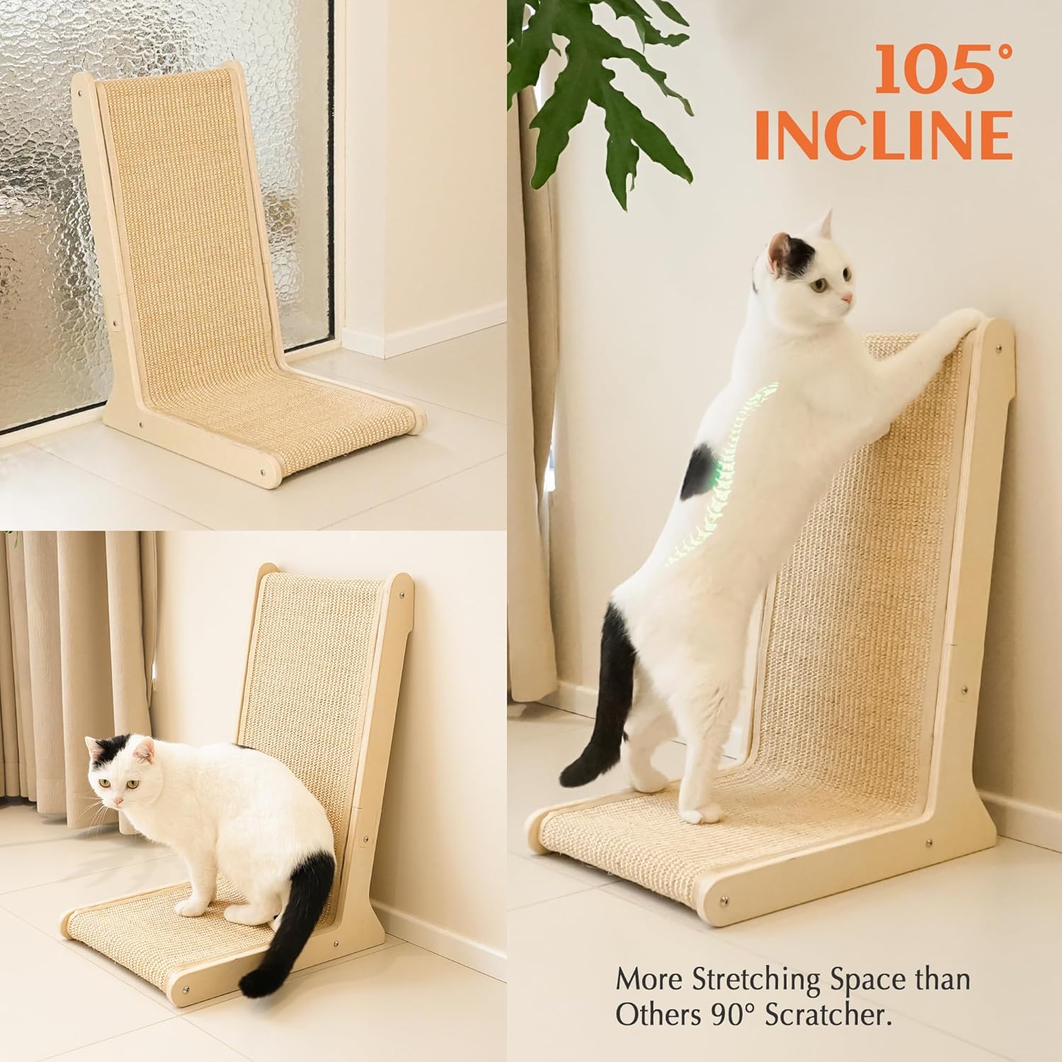 Detalle de PETKARAY 105° Sisal Cat Scratcher — 57cm High, L-Shaped Post for Indoor Cats, Floor Mounted with Catnip