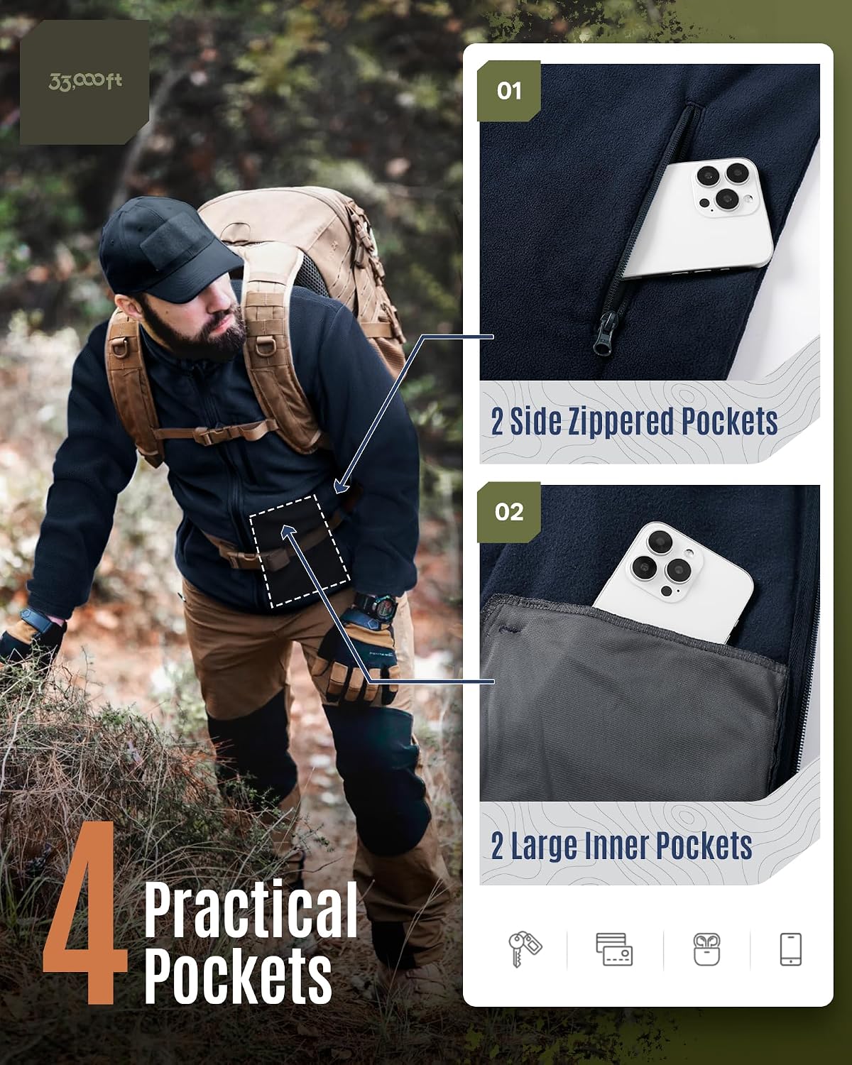 Thumbnail 4 de 33,000ft Herren Fleecejacke leicht – Übergangsjacke Outdoor mit windschützenden Details