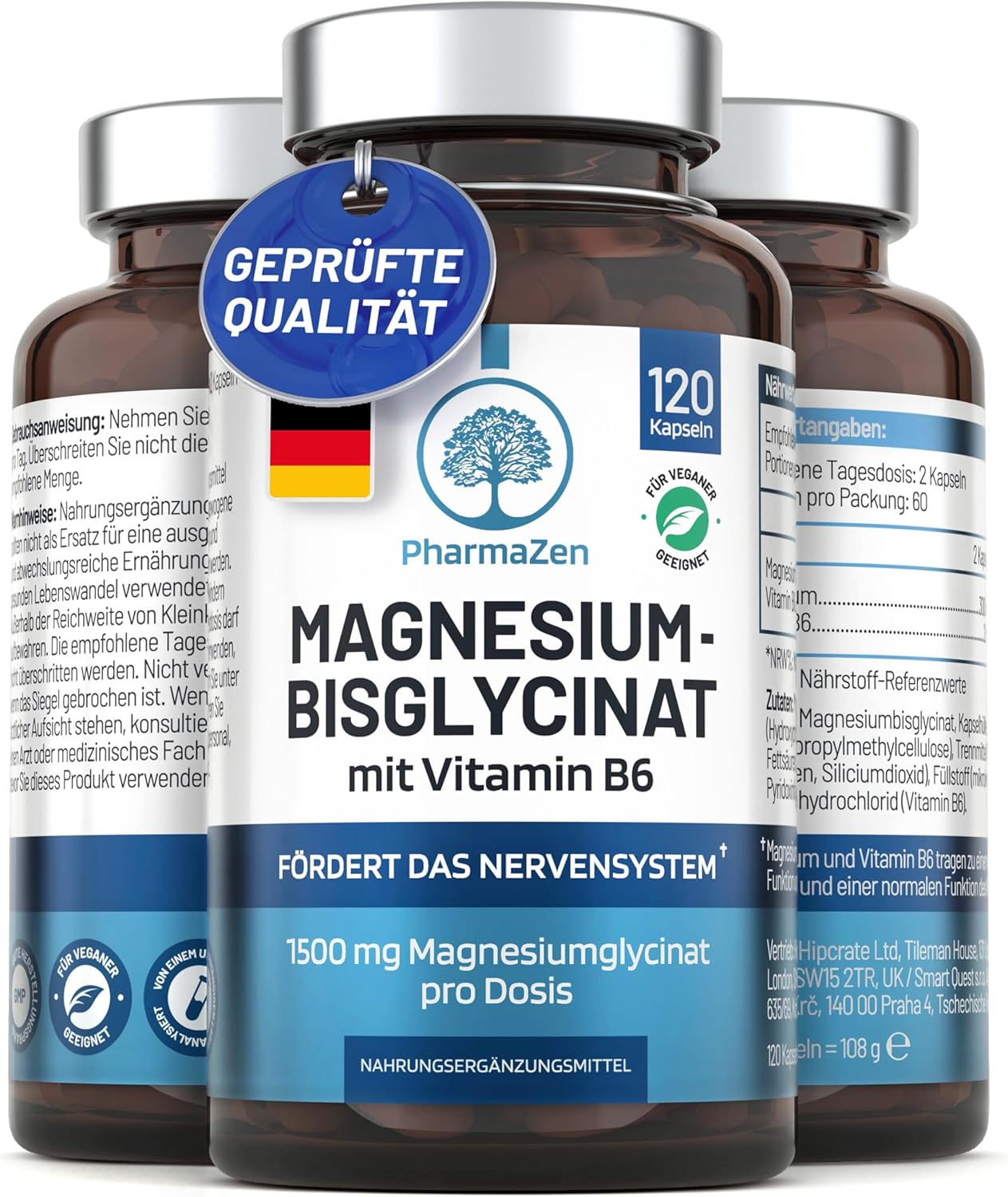 Detalle de Magnesium Bisglycinat hochdosiert mit Vitamin B6 (1500 mg, 120 Kapseln) – vegan & laborgeprüft