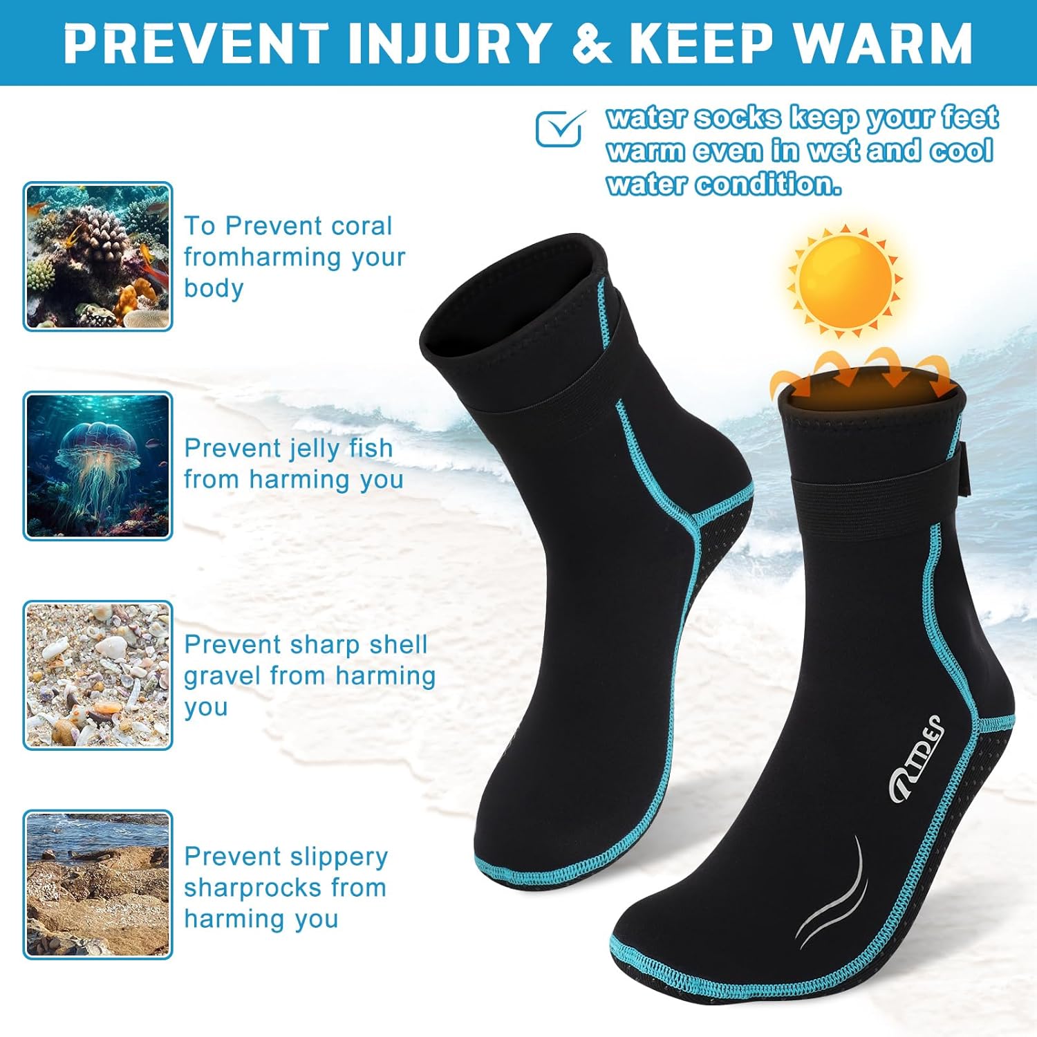 Thumbnail 4 de Rtdep 3mm Neoprene Socks with Anti-Slip Sole – Wetsuit Socks for Diving, Snorkelling and Sailing