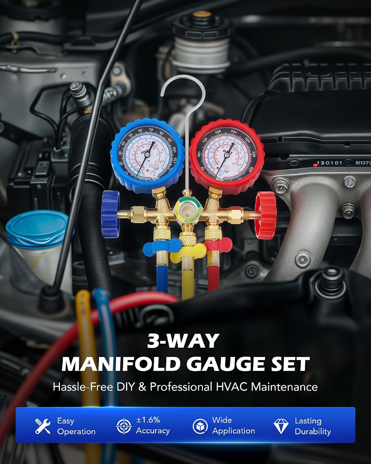 Detalle de Orion Motor Tech AC Gauges: 3-Way Manifold with R134a/R12/R502 Compatibility