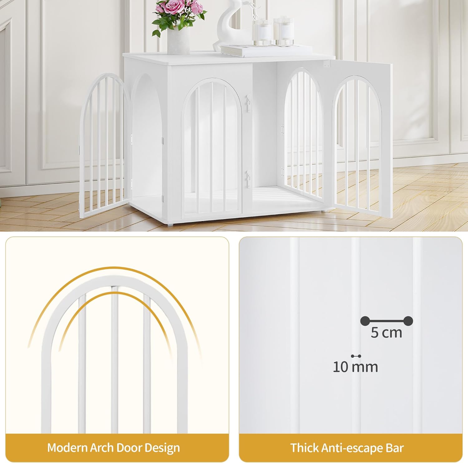 Detalle de Cage pour chiens Hzuaneri 68 cm avec 3 portes et façade arrondie, blanc