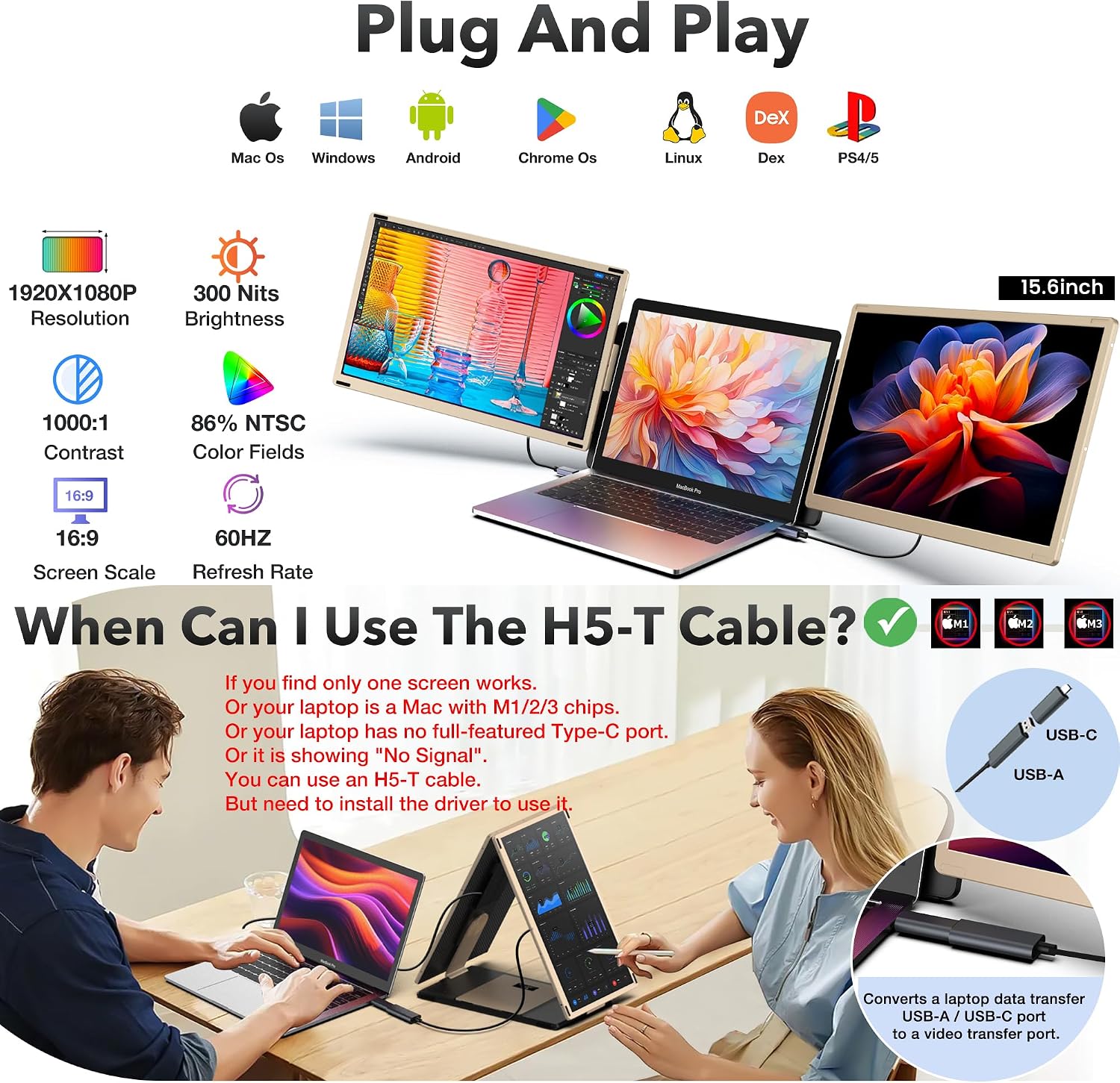 Thumbnail 1 de Kwumsy Monitor Portatile da 15.6" con triplo schermo: USB-C/HDMI, rotazione e versione estesa